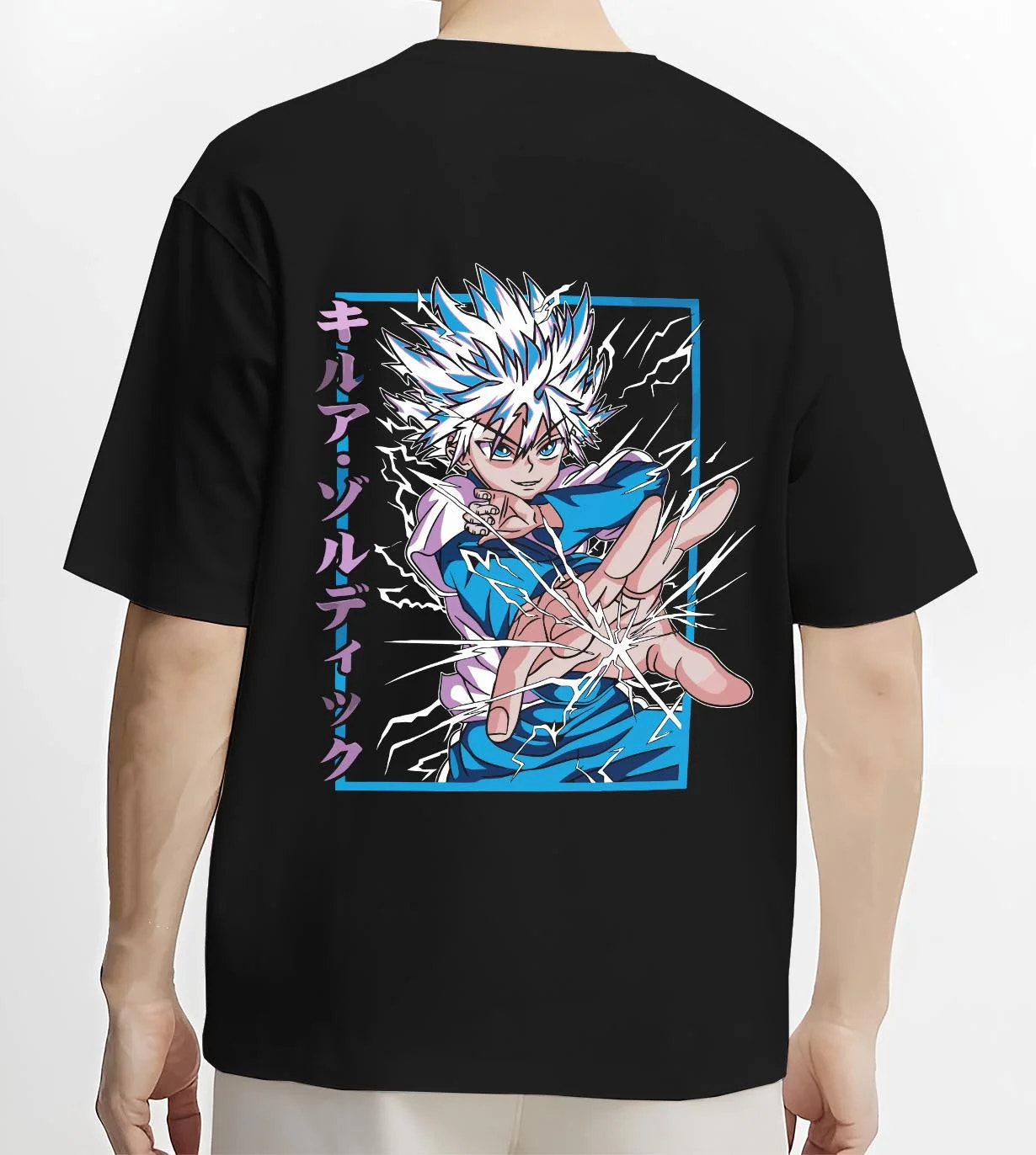 Black T-shirt worn by male model, back view with Killua Zoldyck Hoodie Hunter x Hunter Lightning Charge graphic bold anime graphic.