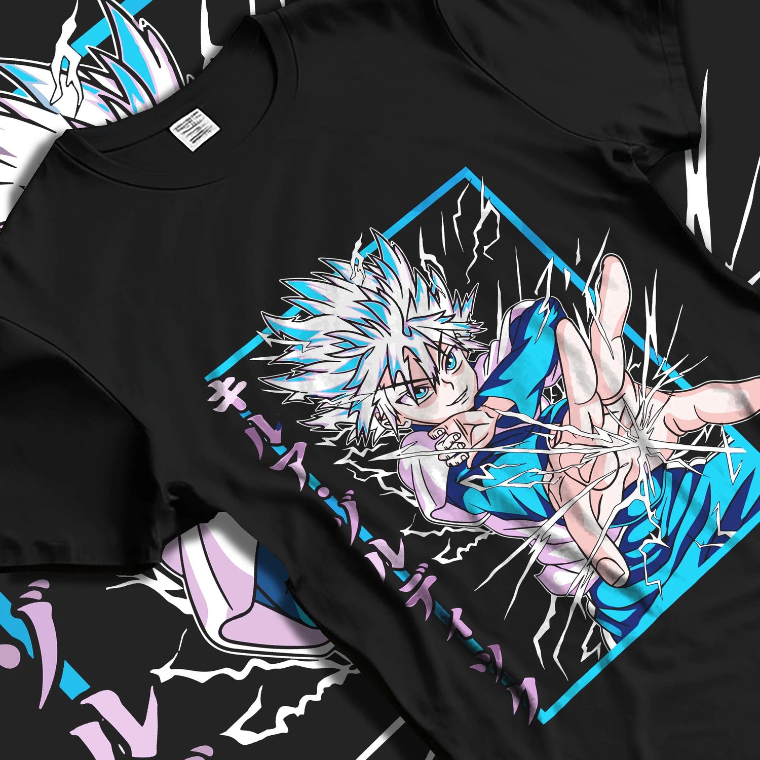 Black T-shirt laid flat with natural folds with Killua Zoldyck Hoodie Hunter x Hunter Lightning Charge graphic bold anime graphic.