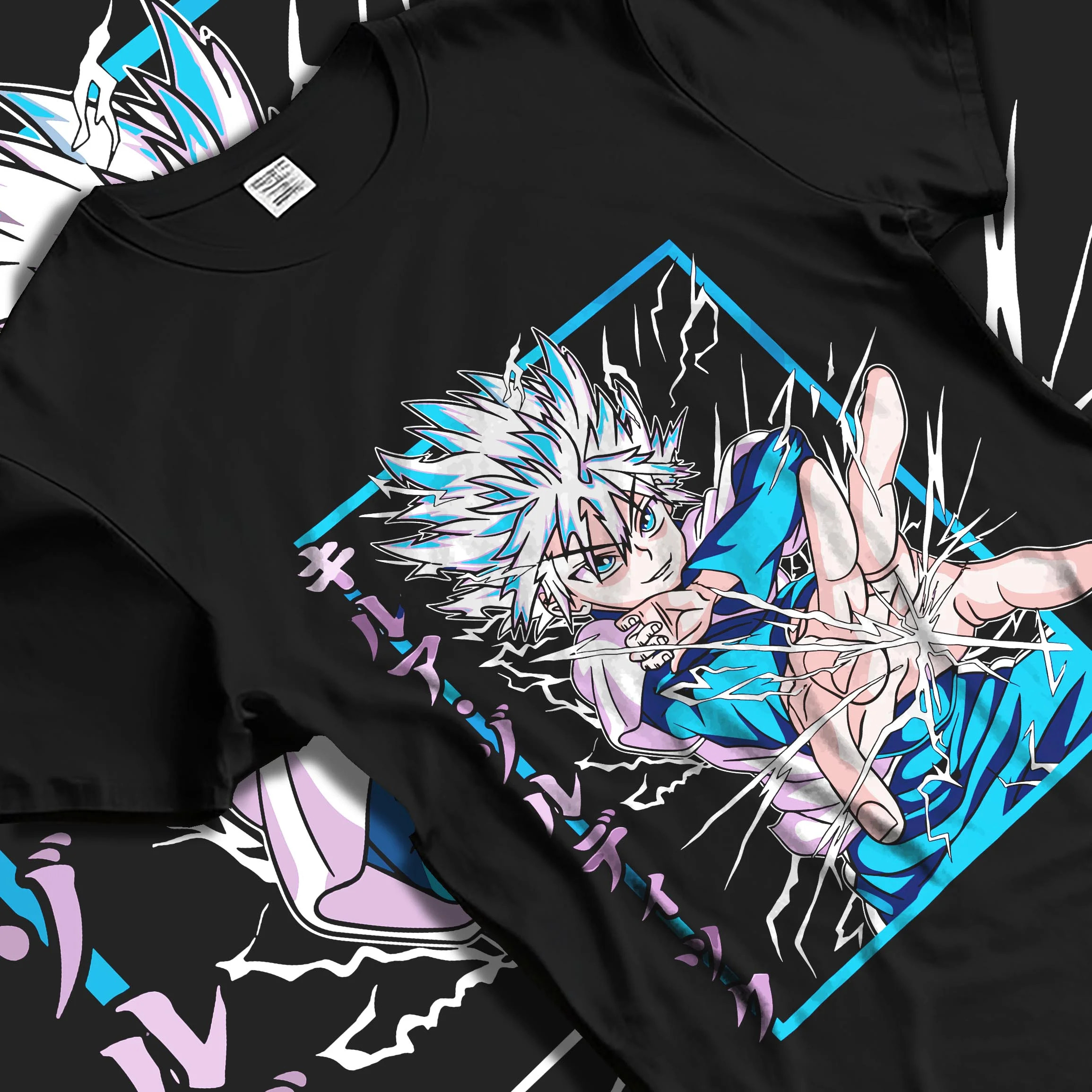 Black T-shirt laid flat with natural folds with Killua Zoldyck Hoodie Hunter x Hunter Lightning Charge graphic bold anime graphic.