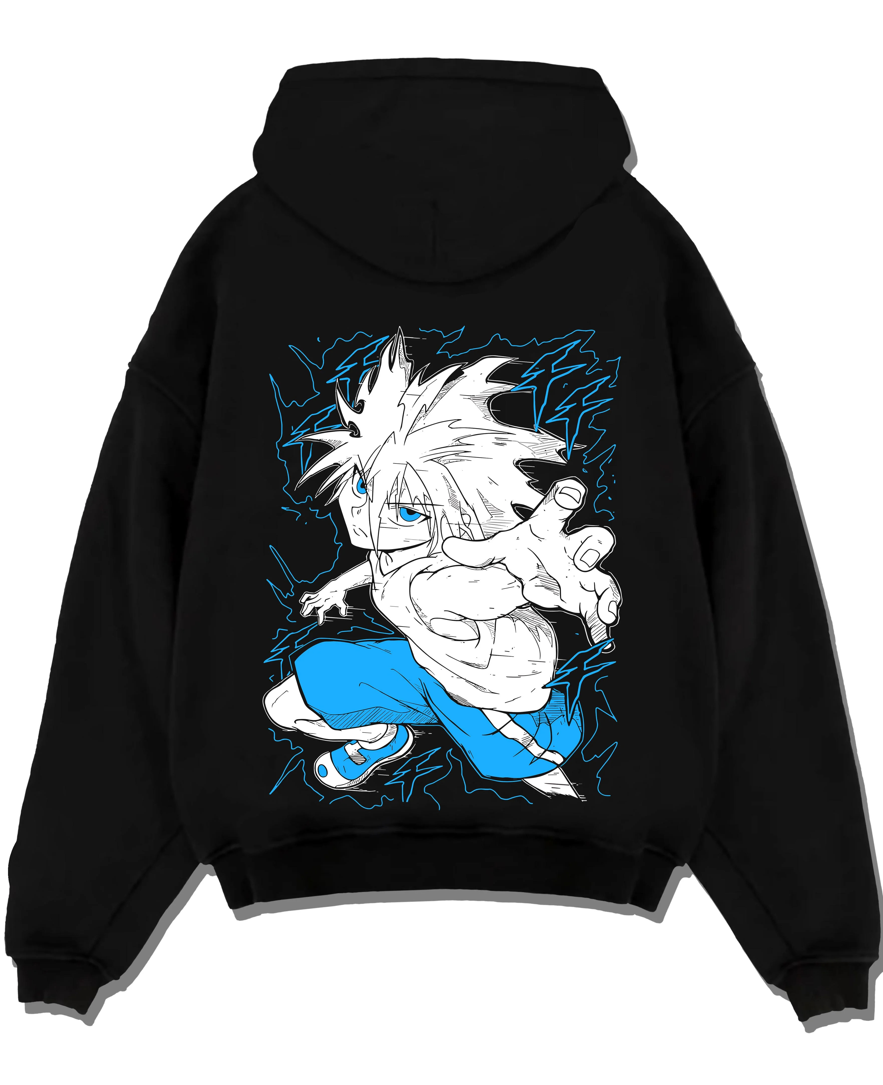 Black pullover hoodie laid flat with Killua Zoldyck Hoodie Hunter x Hunter Godspeed Power graphic bold anime graphic.