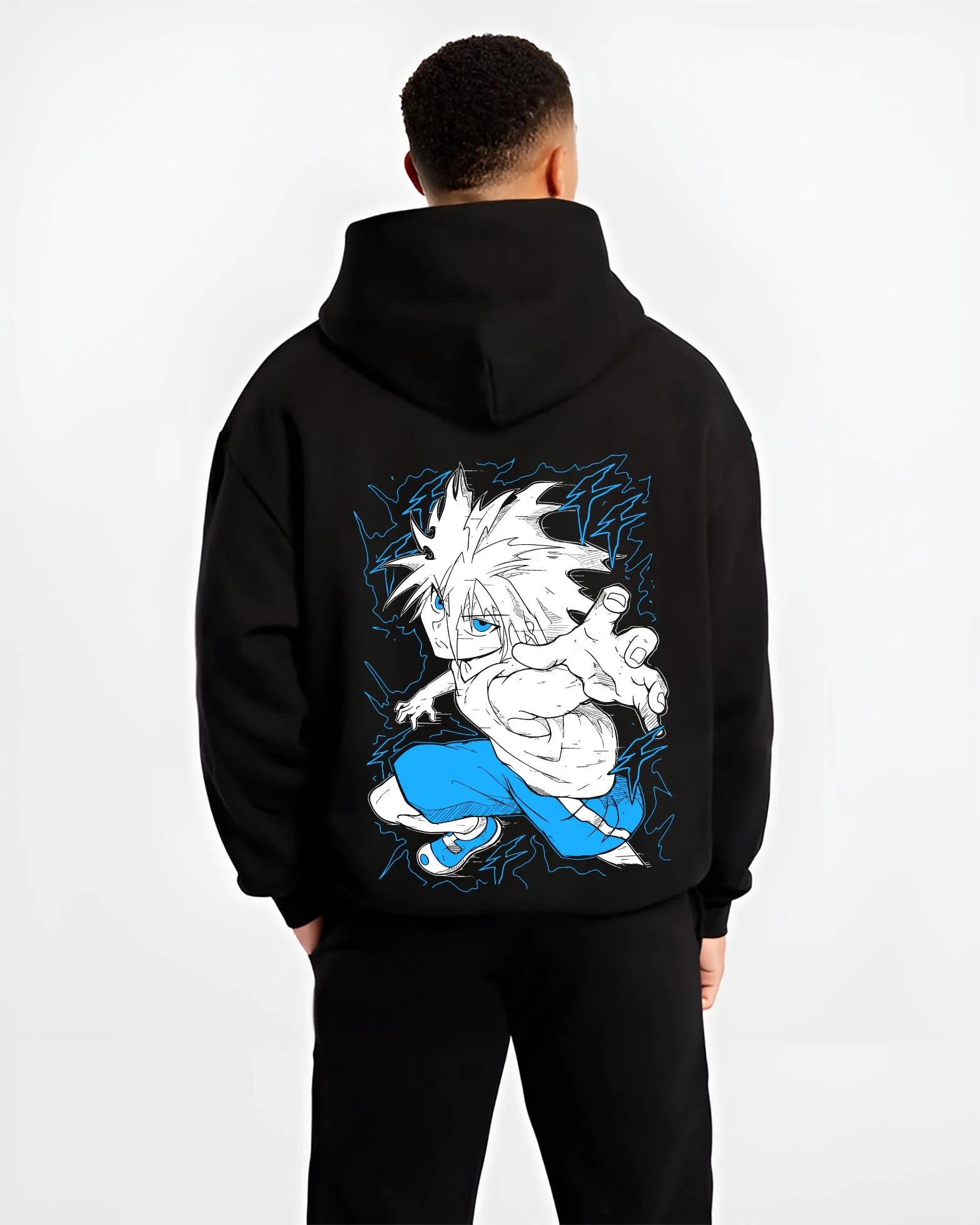 Black hoodie worn by male model, back view with Killua Zoldyck Hoodie Hunter x Hunter Godspeed Power graphic streetwear graphic.
