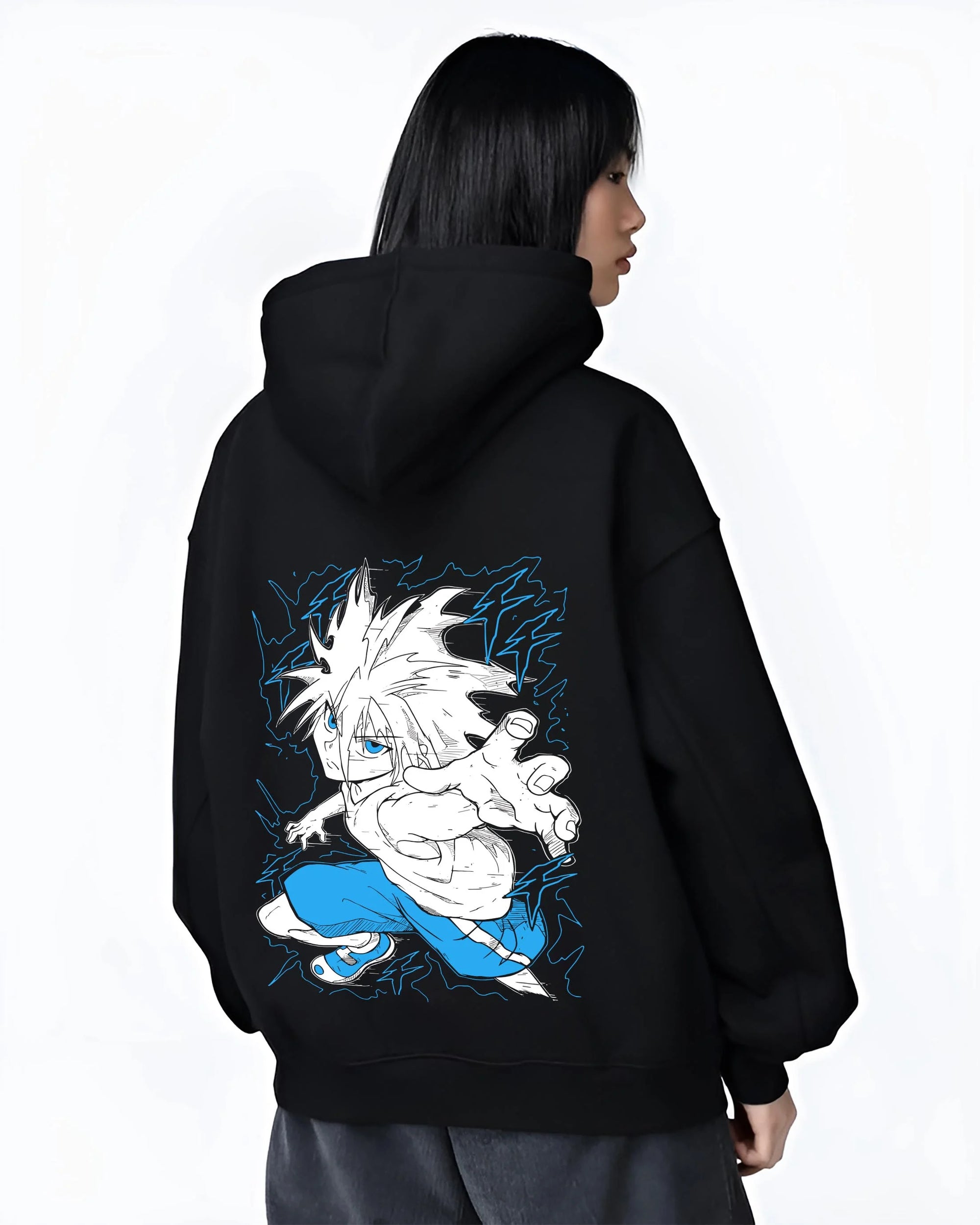 Black hoodie worn by female model, back view with Killua Zoldyck Hoodie Hunter x Hunter Godspeed Power graphic premium wear.