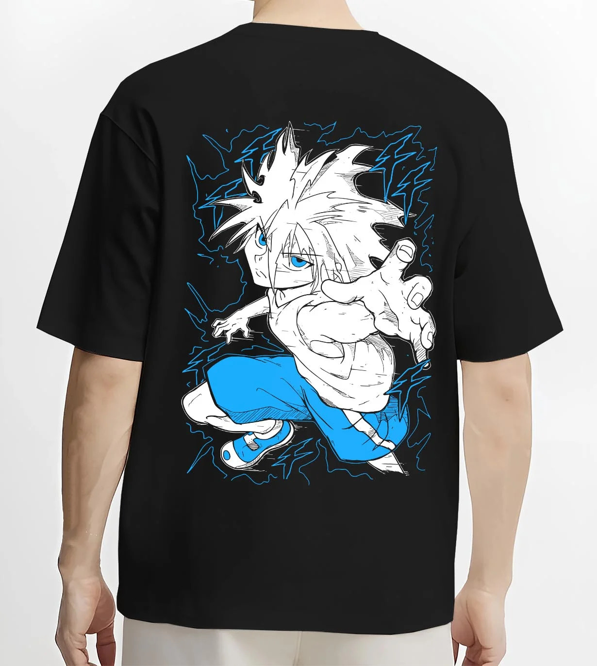Black T-shirt worn by male model, back view with Killua Zoldyck Hoodie Hunter x Hunter Godspeed Power graphic bold anime graphic.