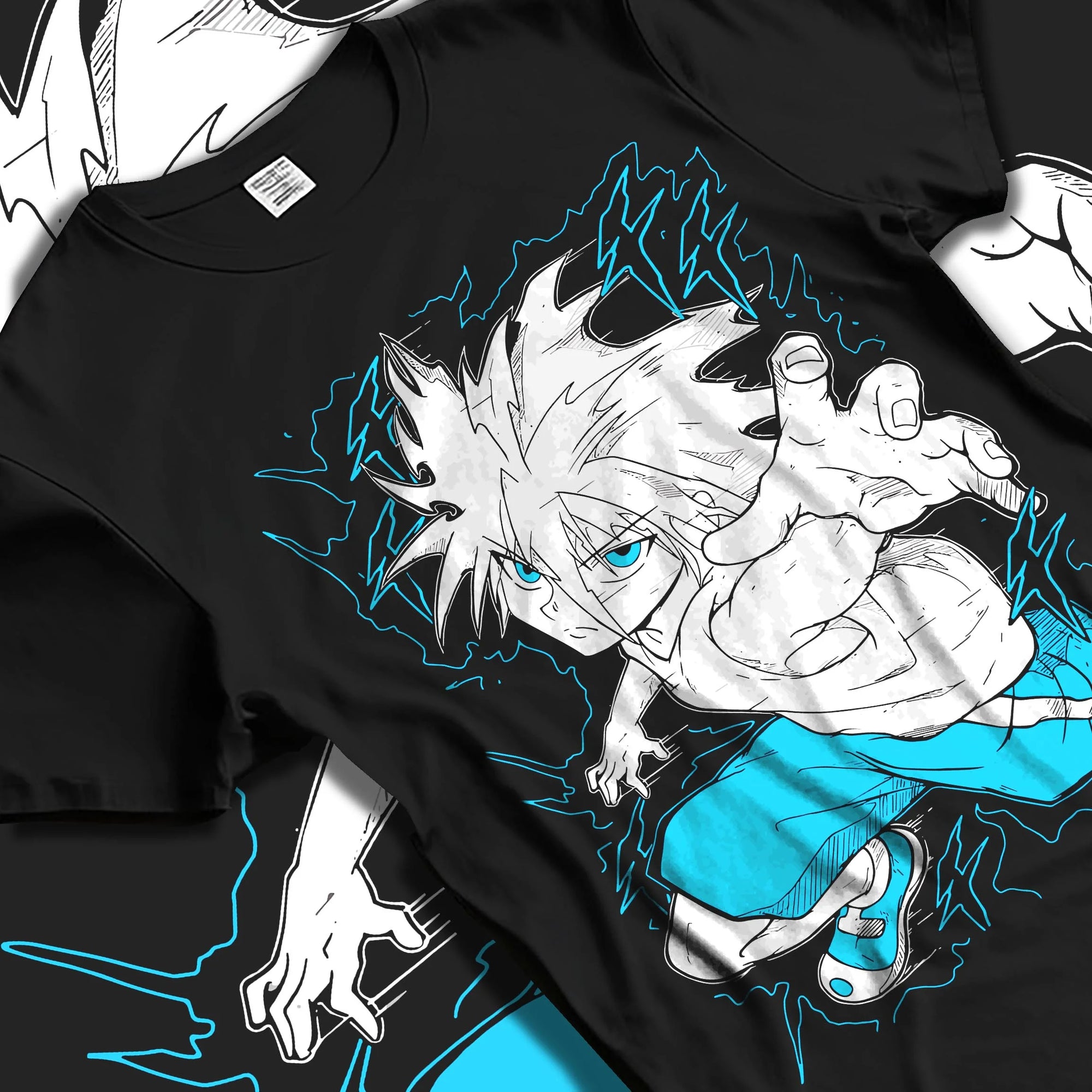 Black T-shirt laid flat with natural folds with Killua Zoldyck Hoodie Hunter x Hunter Godspeed Power graphic bold anime graphic.
