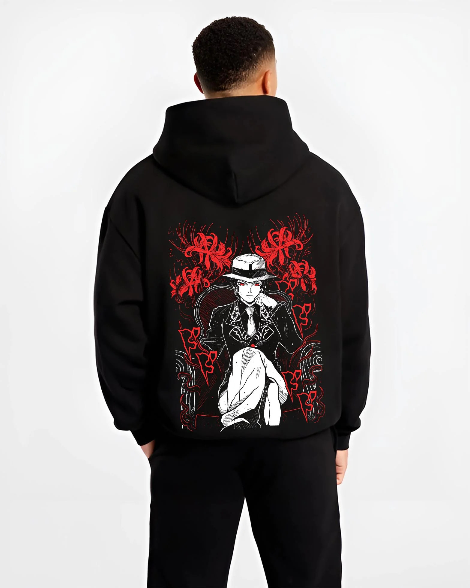 Black hoodie worn by male model, back view with King Hoodie One Piece Celestial Dragon Pirate Design graphic premium wear.