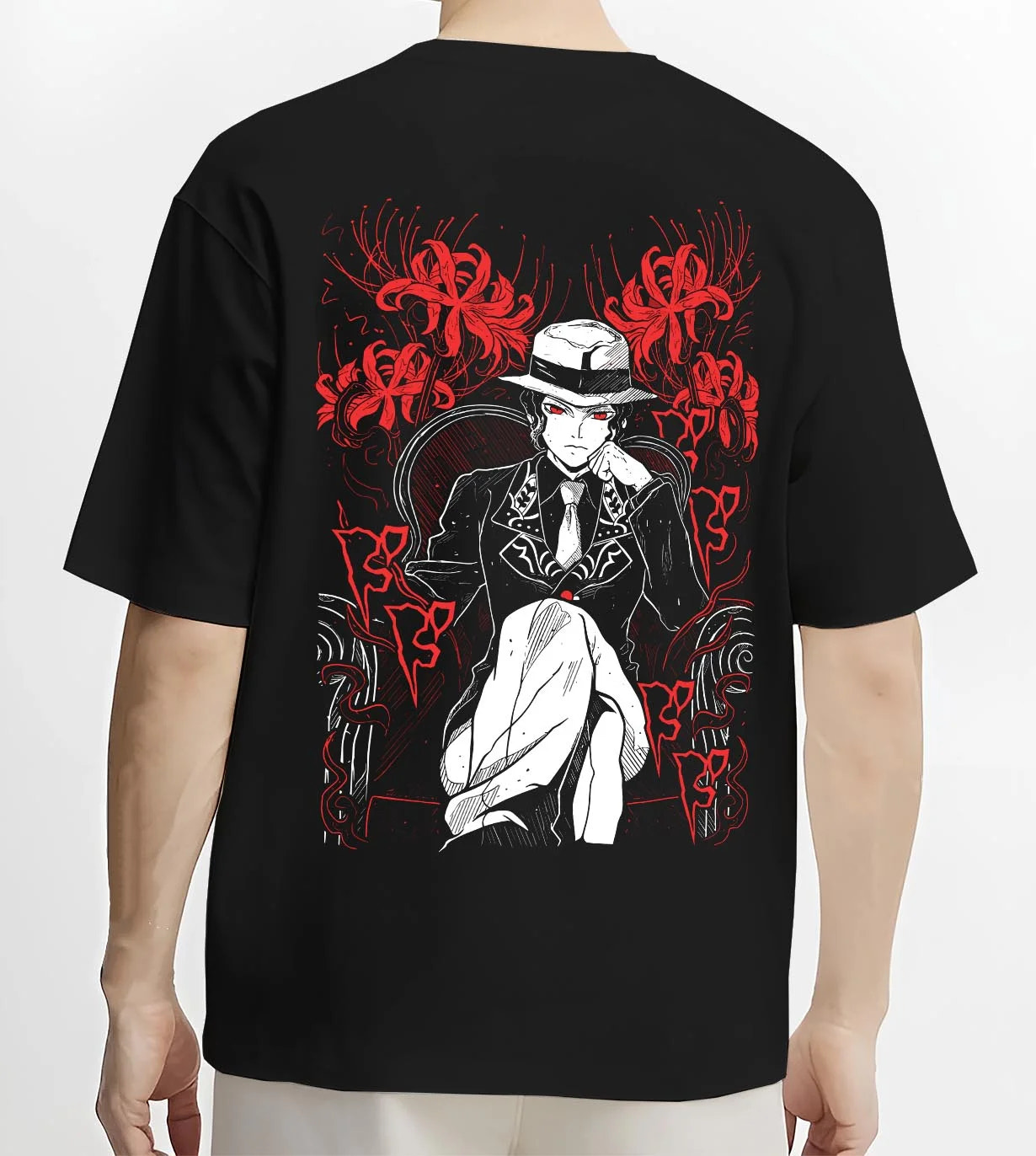 Black T-shirt worn by male model, back view with King Hoodie One Piece Celestial Dragon Pirate Design graphic bold anime graphic.
