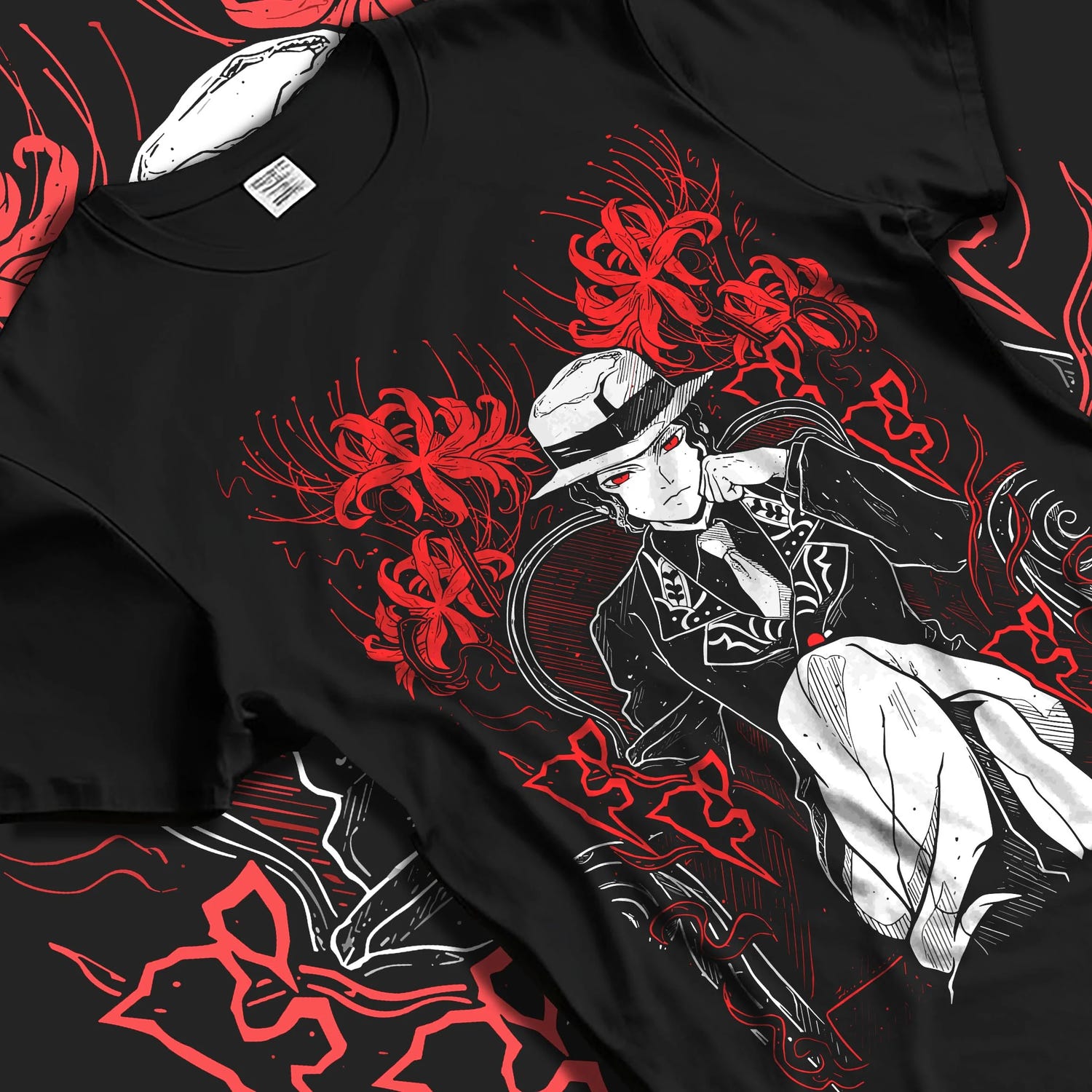 Black T-shirt laid flat with natural folds with King Hoodie One Piece Celestial Dragon Pirate Design graphic King anime design.