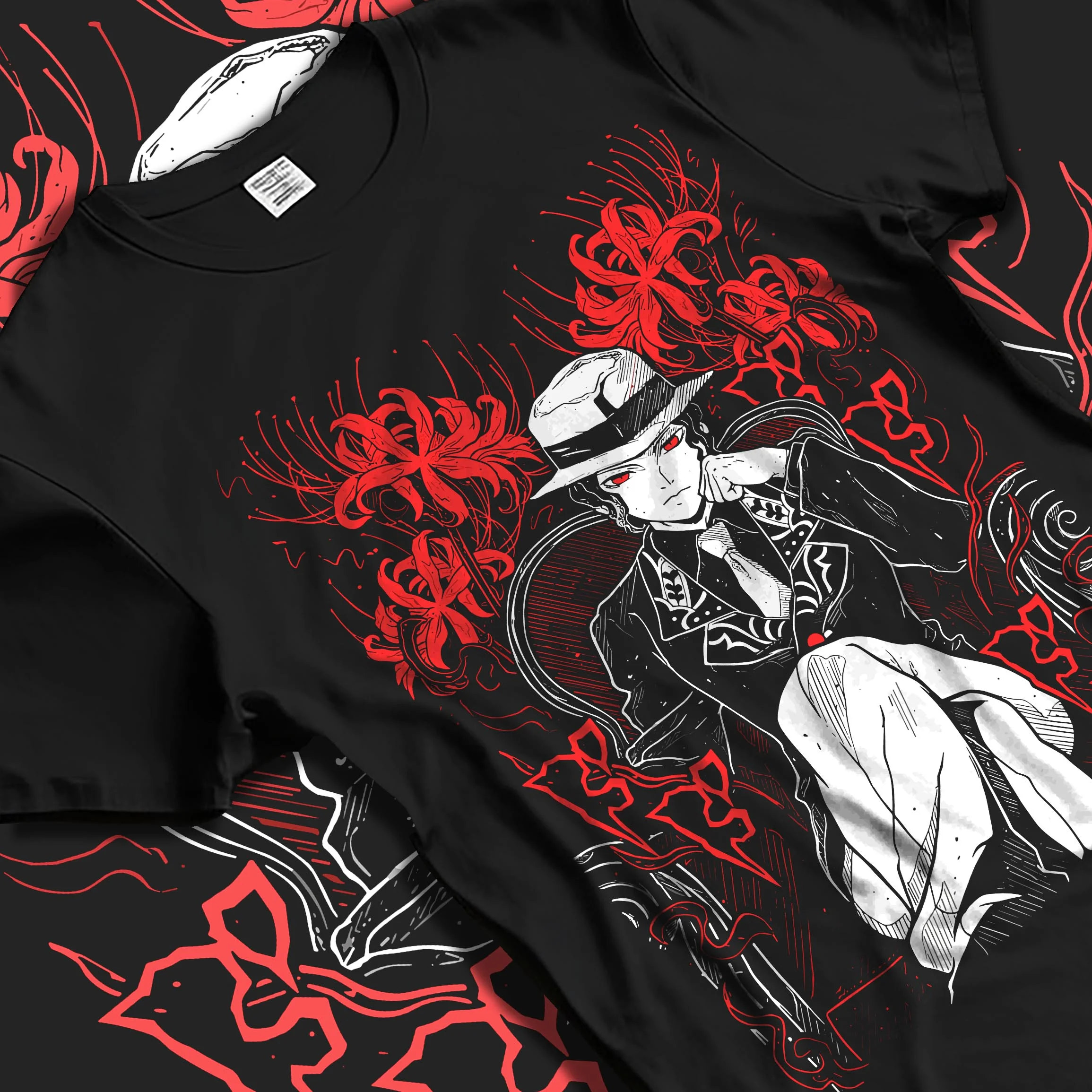 Black T-shirt laid flat with natural folds with King Hoodie One Piece Celestial Dragon Pirate Design graphic King anime design.