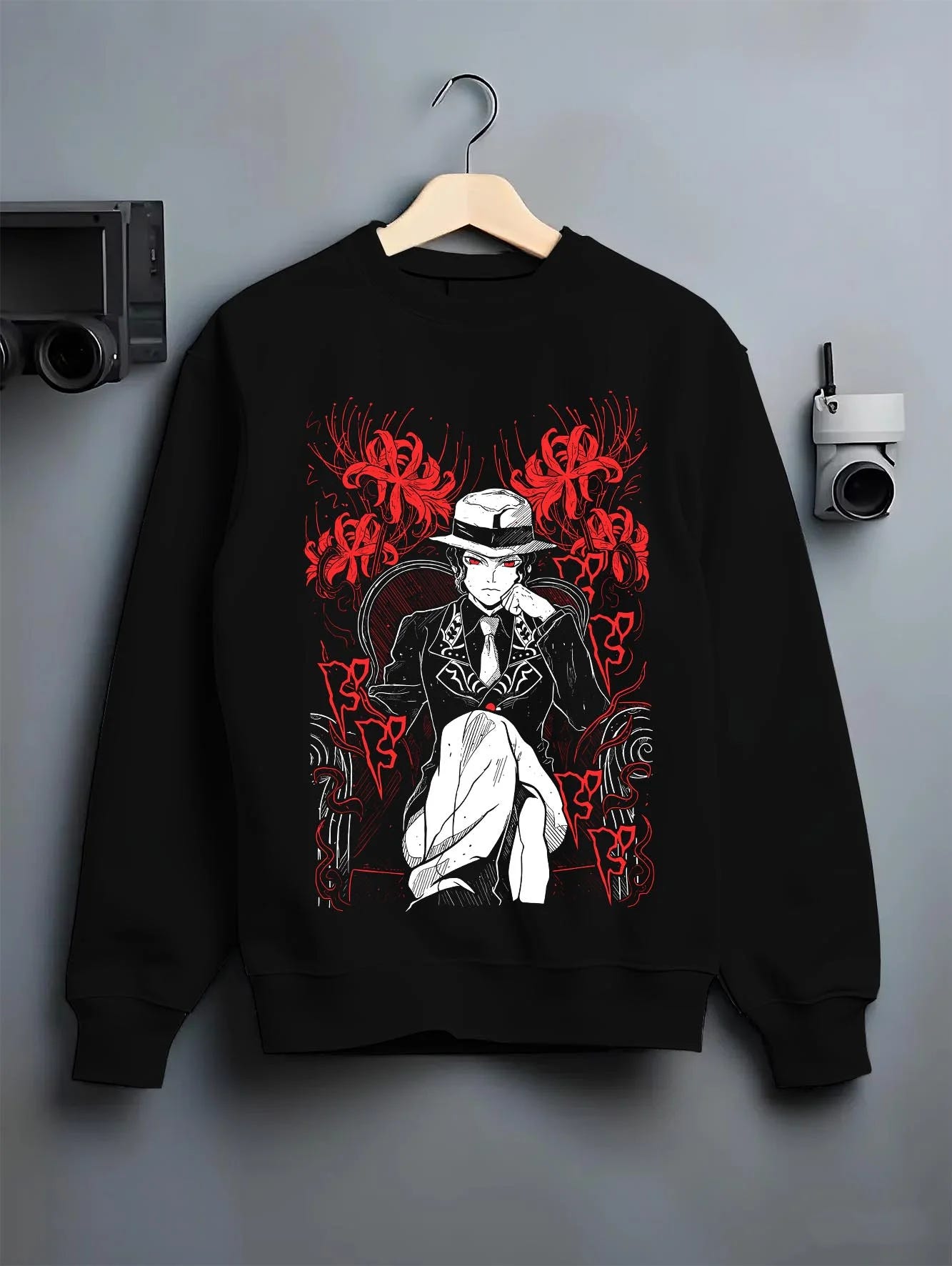 Black crewneck sweatshirt on hanger with King Hoodie One Piece Celestial Dragon Pirate Design graphic bold anime graphic.