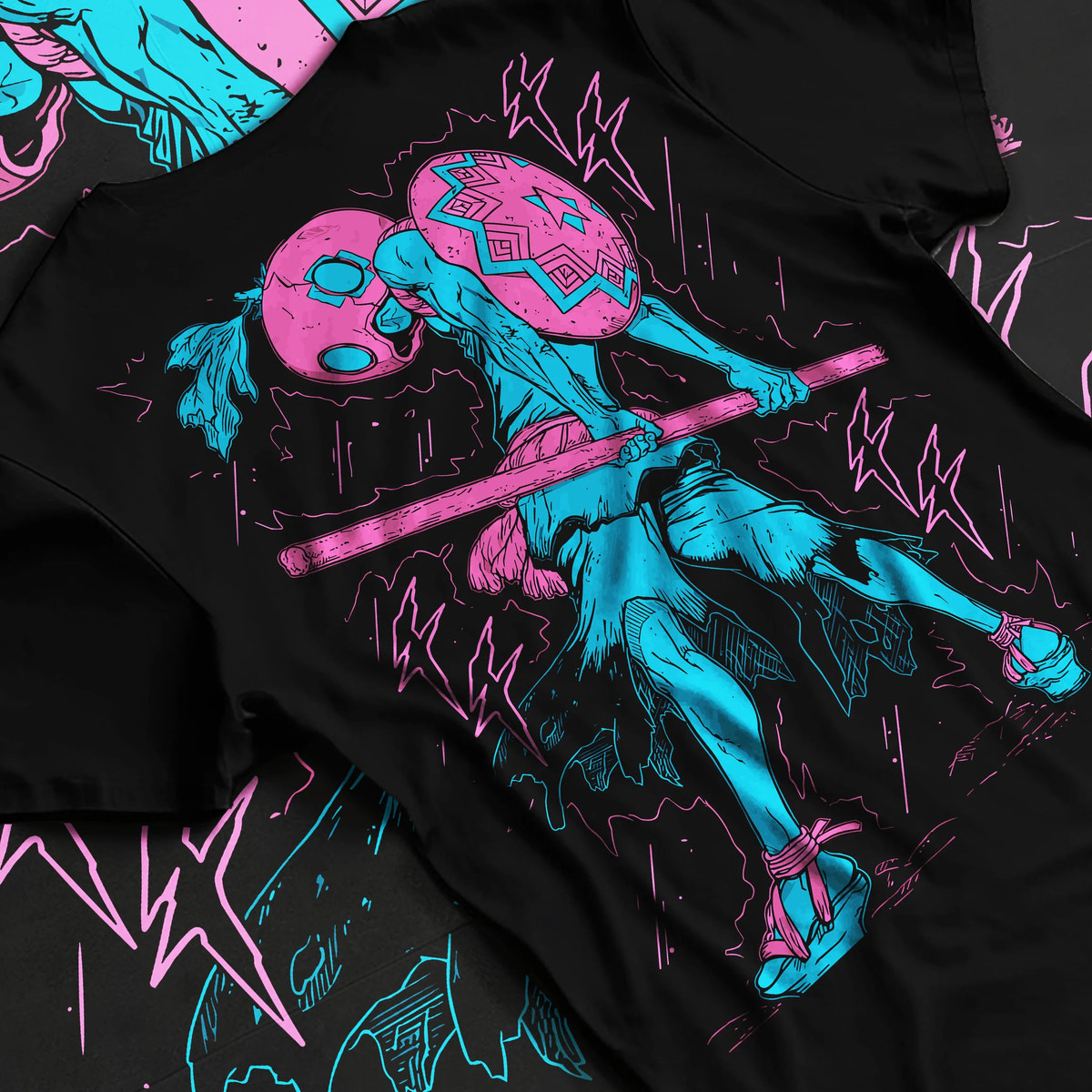 Suika holding a staff from Dr Stone, Kingdom of Science on graphic T-shirt flat lay