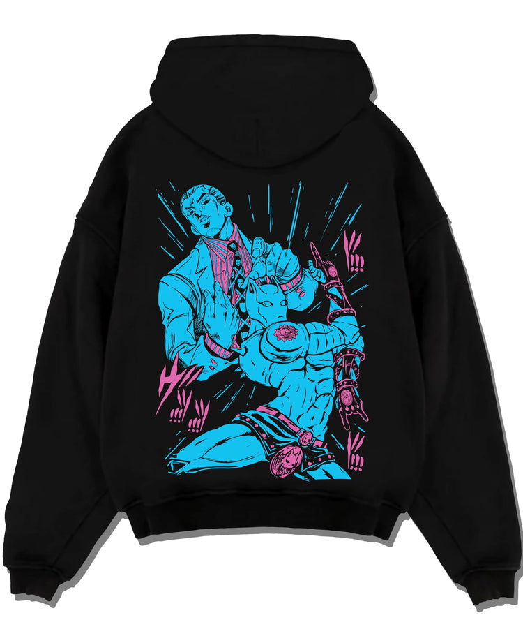 Black hoodie laid flat featuring Yoshikage Kira Killer Queen Stand artwork.