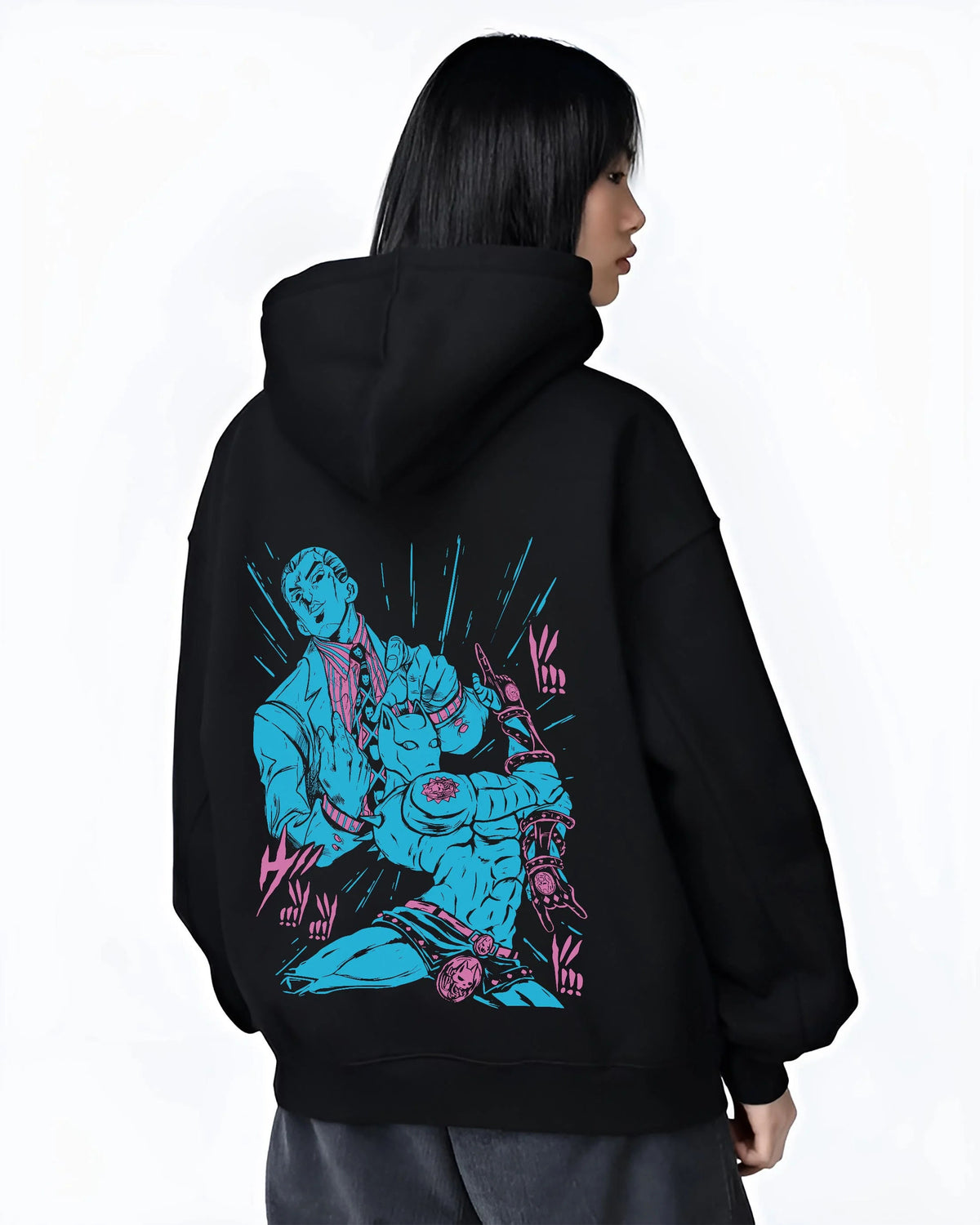 Black hoodie worn by female model from the back featuring Yoshikage Kira Killer Queen Stand artwork.