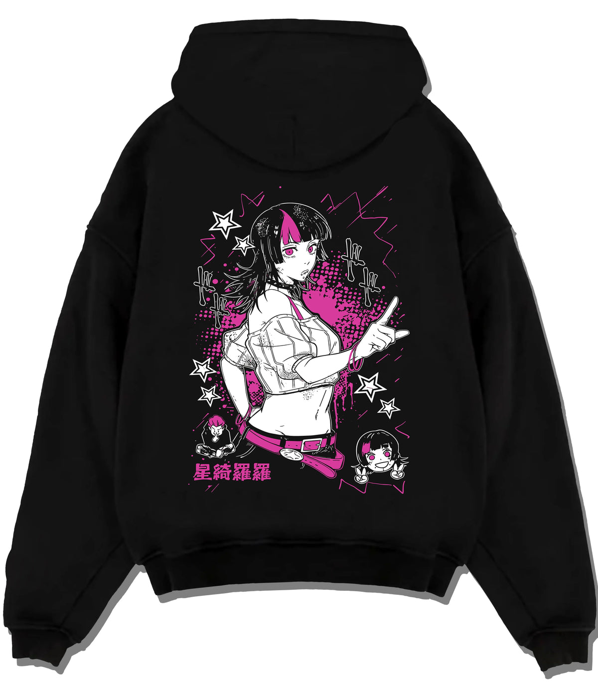 Black hoodie flat back view with Kirara Hoshi with star motif from Jujutsu Kaisen illustrated back graphic