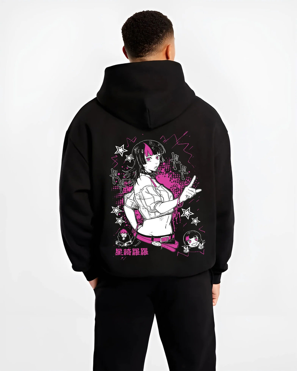Black hoodie model back view with Kirara Hoshi with star motif from Jujutsu Kaisen illustrated back graphic