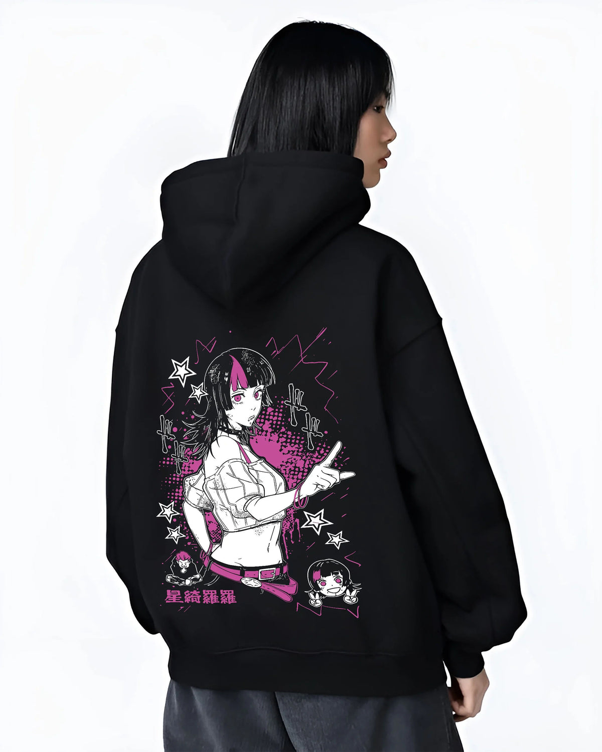 Black hoodie female model back view with Kirara Hoshi with star motif from Jujutsu Kaisen illustrated back graphic
