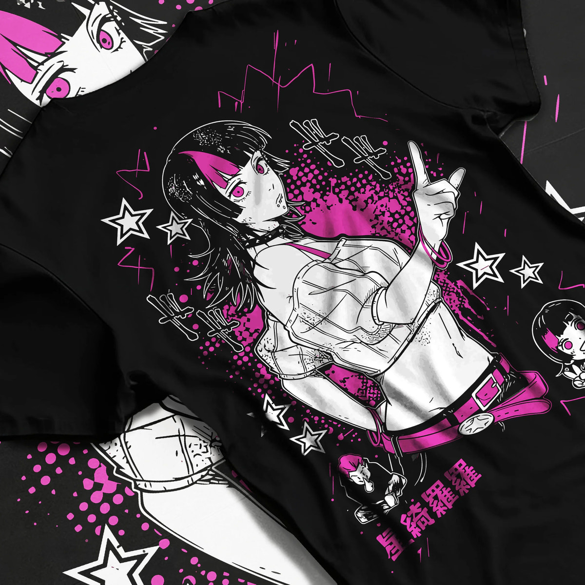 Black T-shirt flat back view with Kirara Hoshi with star motif from Jujutsu Kaisen illustrated back graphic
