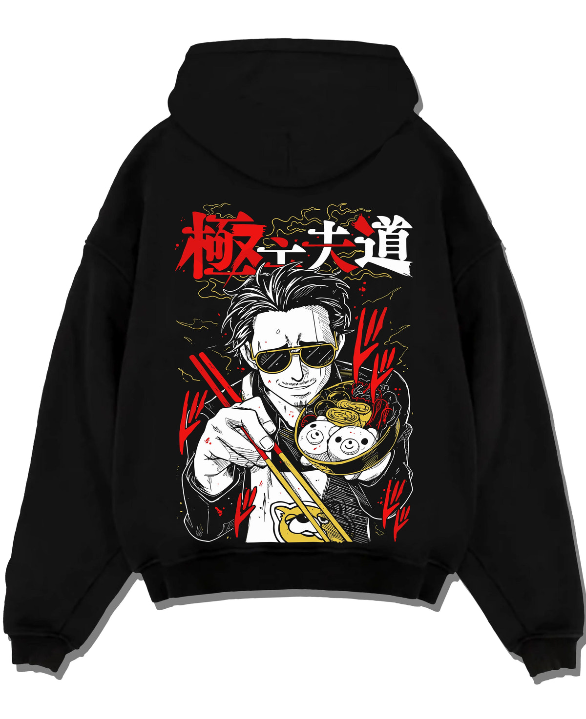 Black hoodie laid flat featuring Kazuma Kiryu Dragon of Dojima artwork.