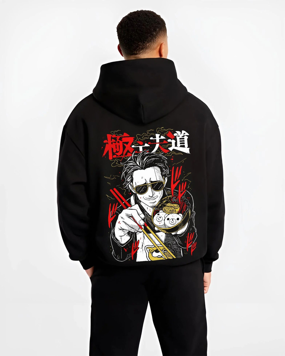 Black hoodie worn by male model from the back featuring Kazuma Kiryu Dragon of Dojima artwork.