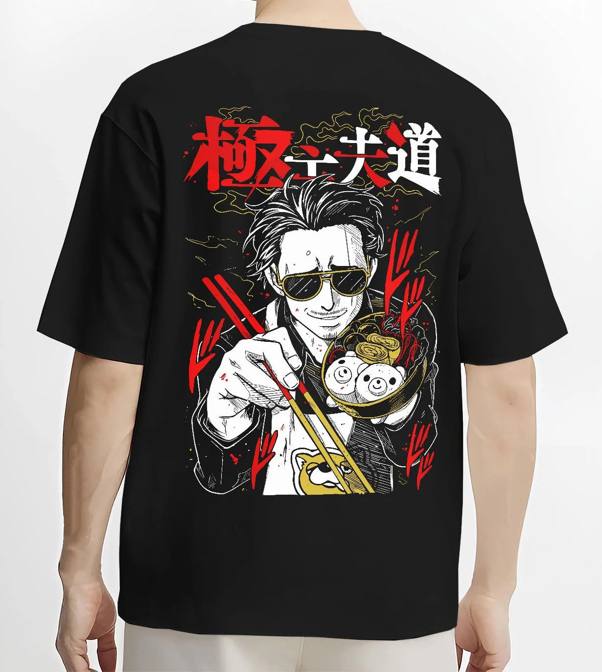 Black T-shirt worn by male model from the back featuring Kazuma Kiryu Dragon of Dojima artwork.