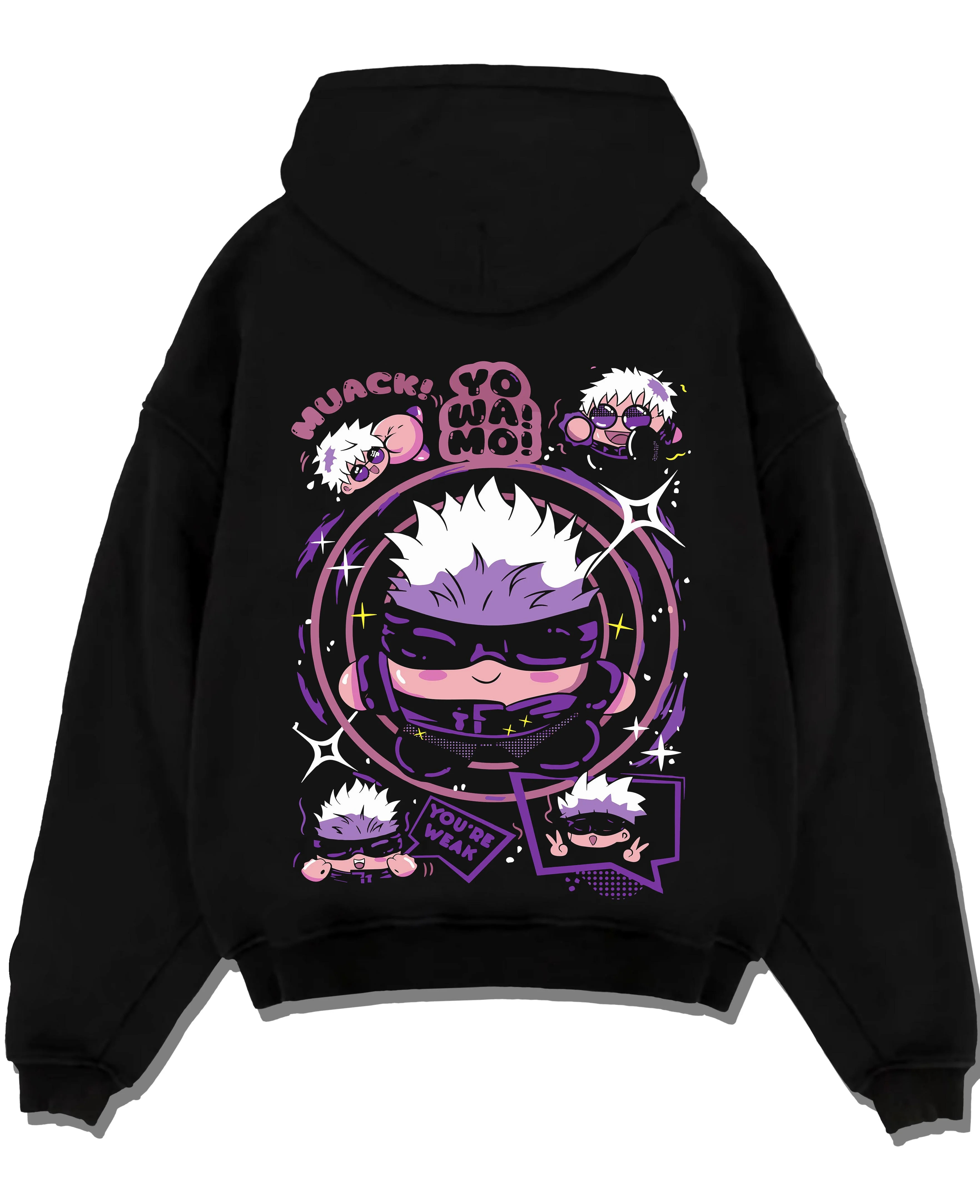 Black pullover hoodie laid flat with Gojo Satoru Hoodie Jujutsu Kaisen Chibi Funny Faces graphic premium wear.