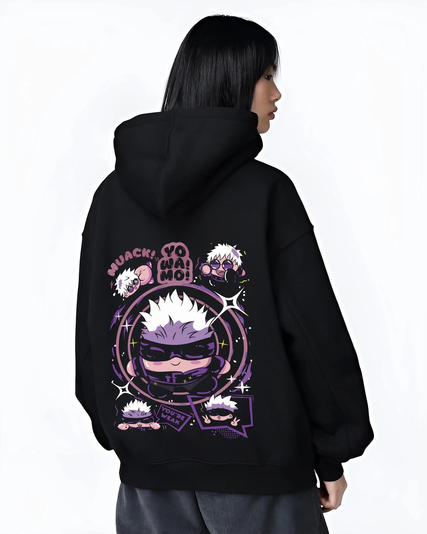 Black hoodie worn by female model, back view with Gojo Satoru Hoodie Jujutsu Kaisen Chibi Funny Faces graphic streetwear graphic.