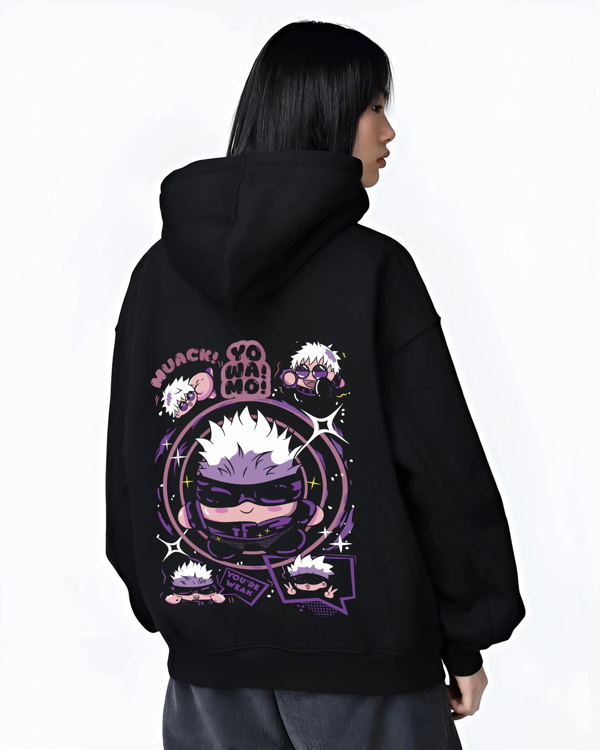 Black hoodie worn by female model, back view with Gojo Satoru Hoodie Jujutsu Kaisen Chibi Funny Faces graphic streetwear graphic.