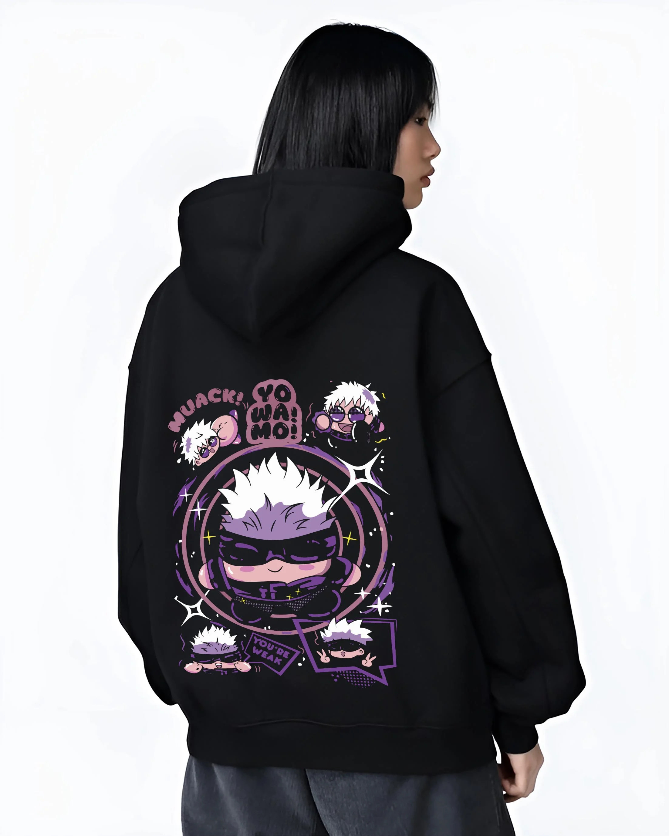 Black hoodie worn by female model, back view with Gojo Satoru Hoodie Jujutsu Kaisen Chibi Funny Faces graphic streetwear graphic.