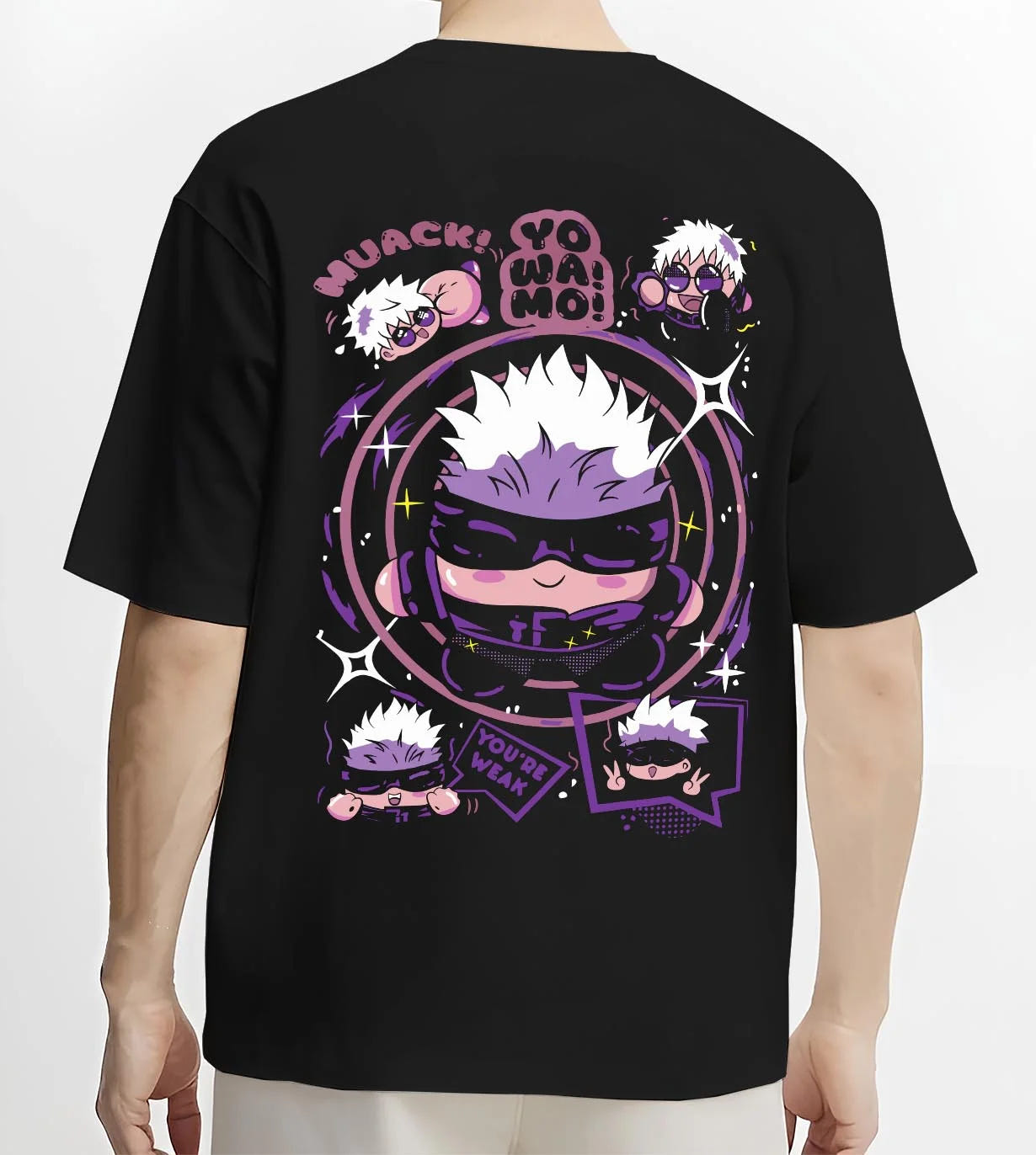Black T-shirt worn by male model, back view with Gojo Satoru Hoodie Jujutsu Kaisen Chibi Funny Faces graphic premium wear.