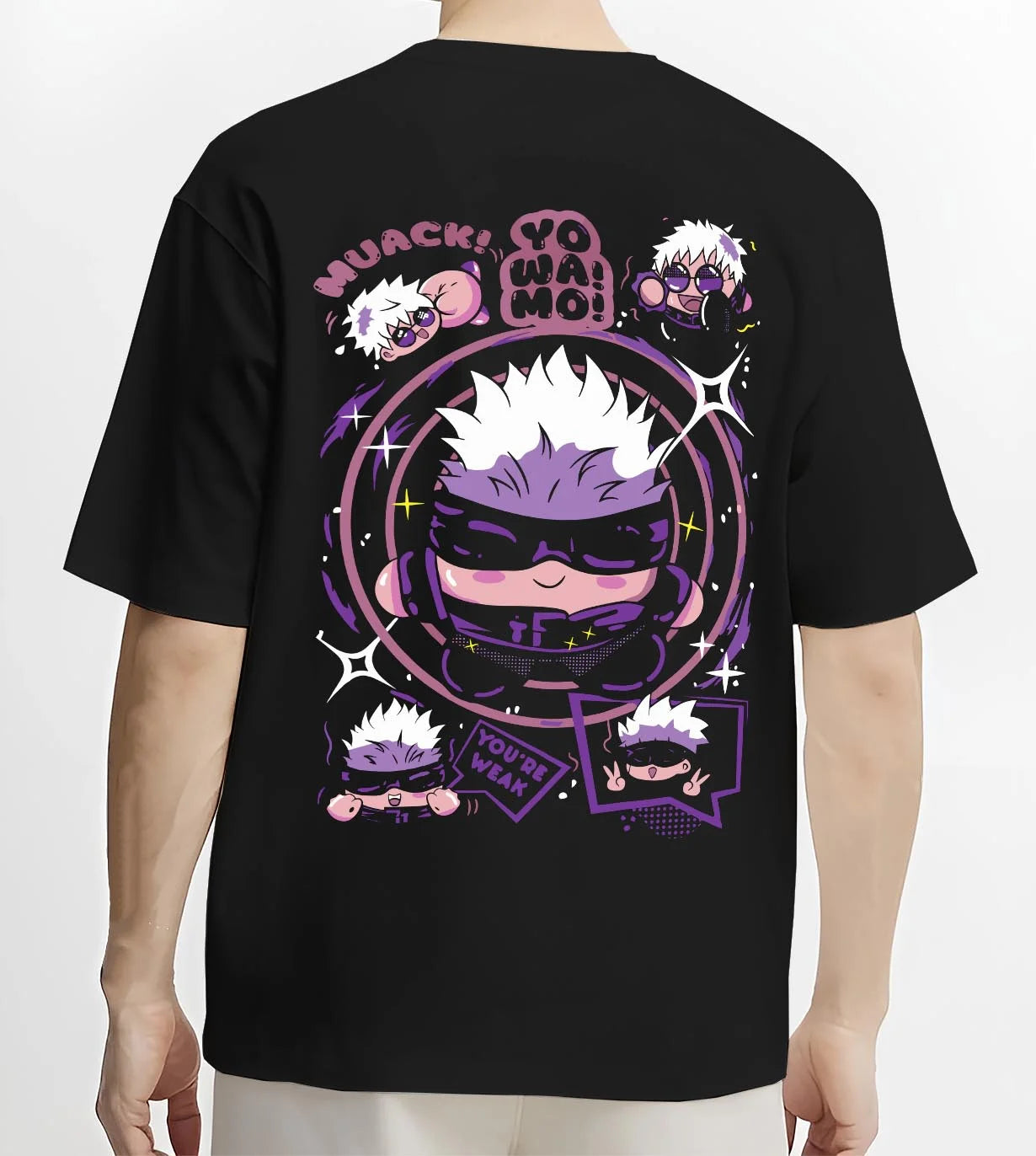 Black T-shirt worn by male model, back view with Gojo Satoru Hoodie Jujutsu Kaisen Chibi Funny Faces graphic premium wear.