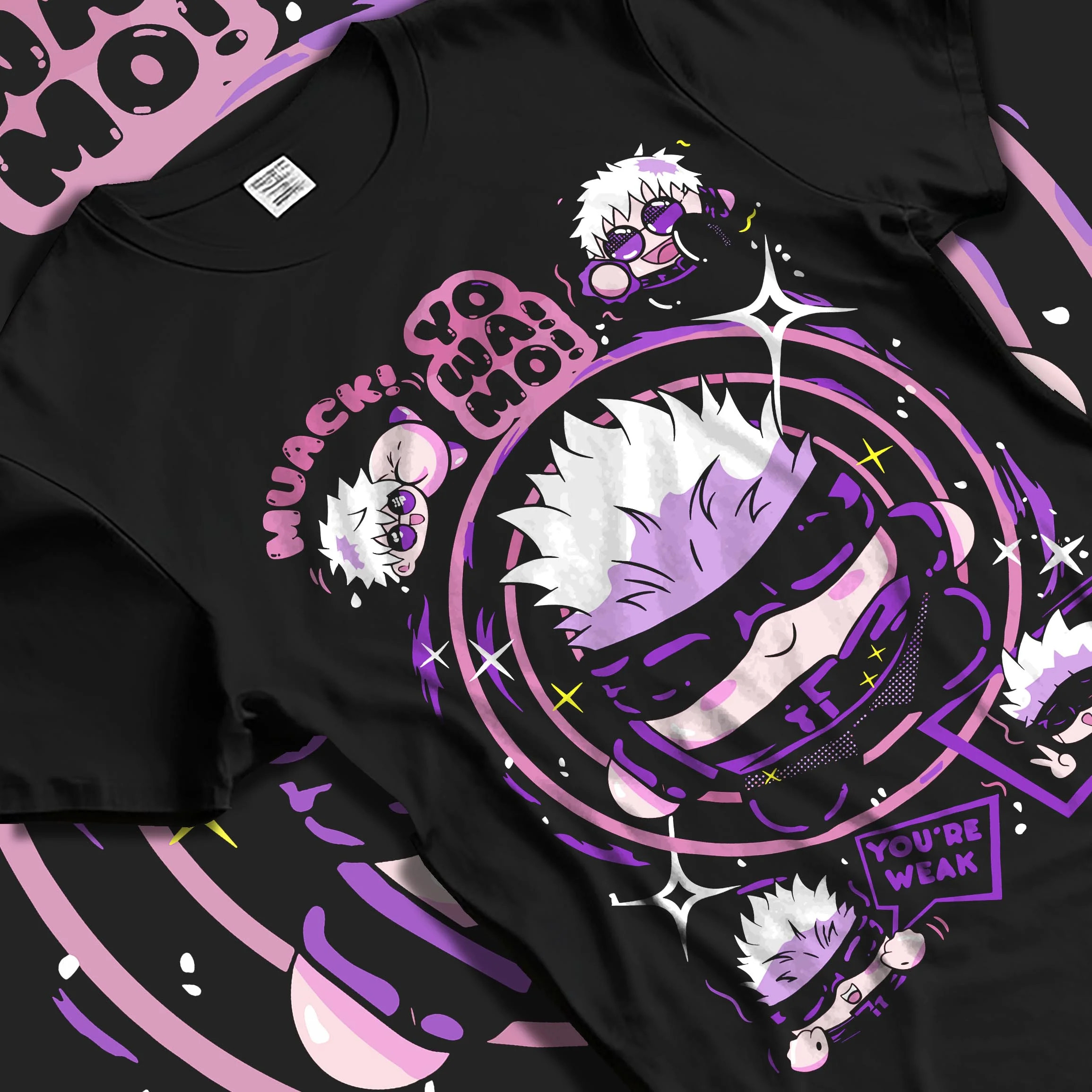 Black T-shirt laid flat with natural folds with Gojo Satoru Hoodie Jujutsu Kaisen Chibi Funny Faces graphic streetwear graphic.