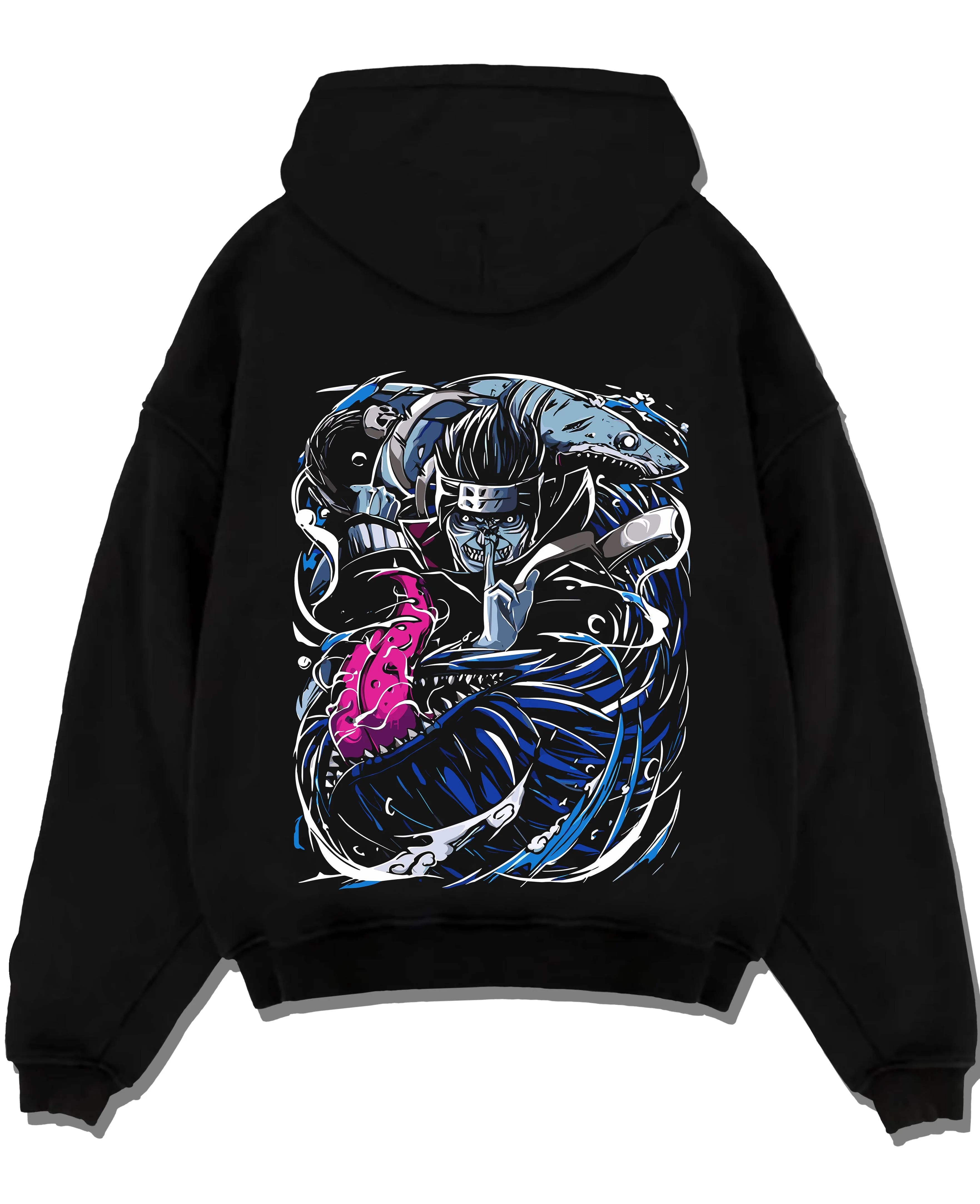 Black pullover hoodie laid flat with Kisame Hoodie Naruto Akatsuki Shark Swordsman graphic premium wear.