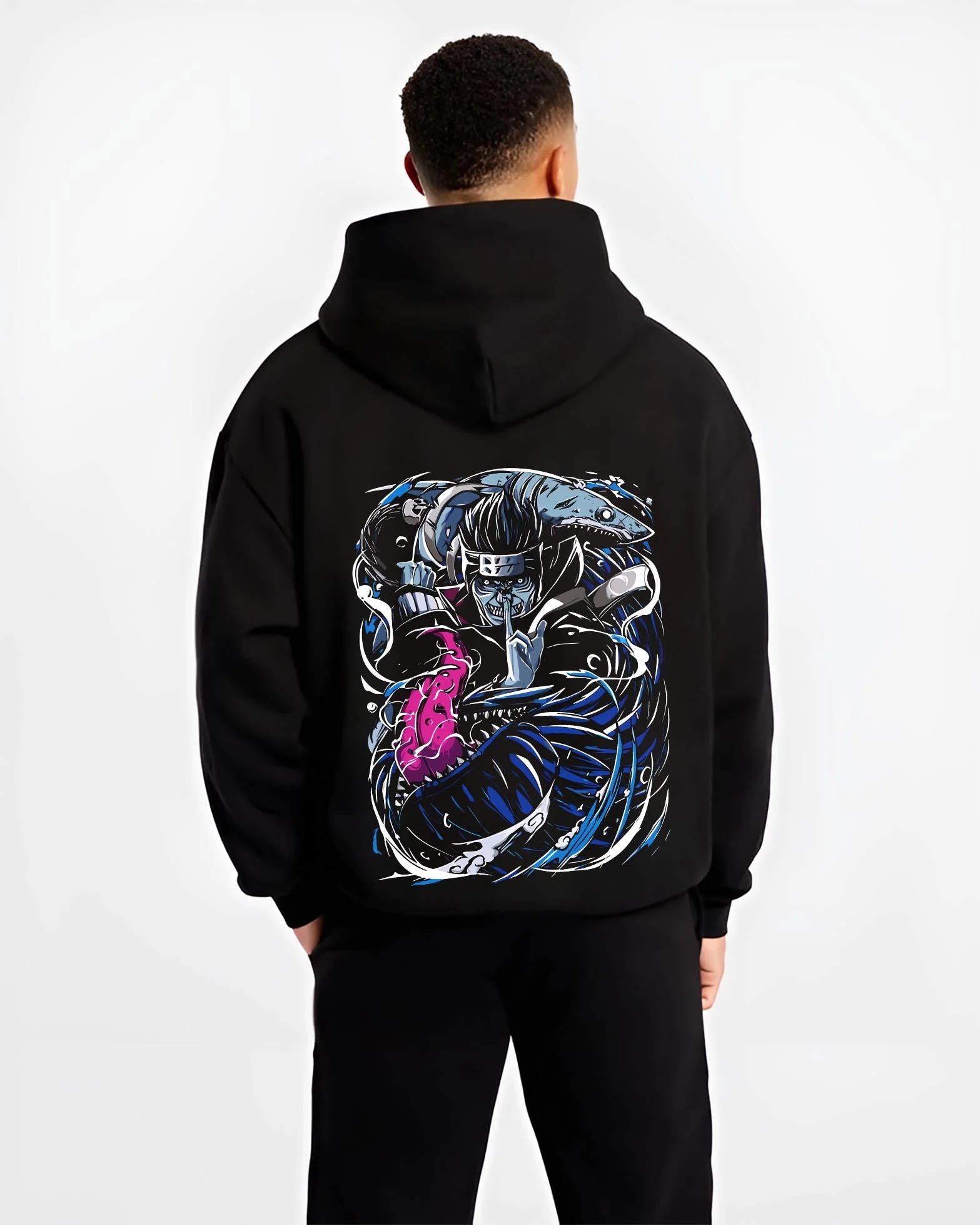 Black hoodie worn by male model, back view with Kisame Hoodie Naruto Akatsuki Shark Swordsman graphic bold anime graphic.