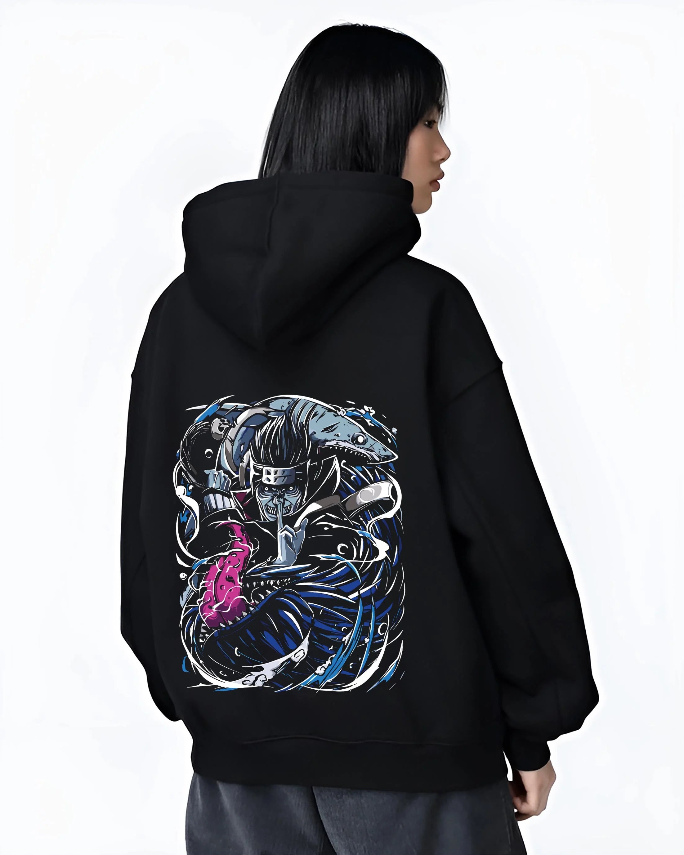 Black hoodie worn by female model, back view with Kisame Hoodie Naruto Akatsuki Shark Swordsman graphic streetwear graphic.