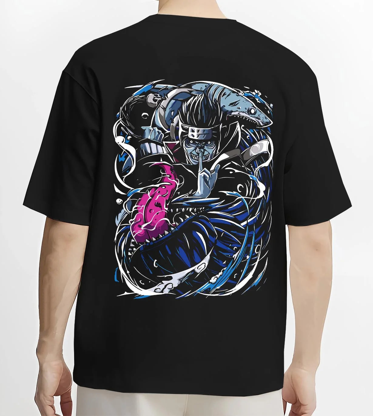 Black T-shirt worn by male model, back view with Kisame Hoodie Naruto Akatsuki Shark Swordsman graphic bold anime graphic.