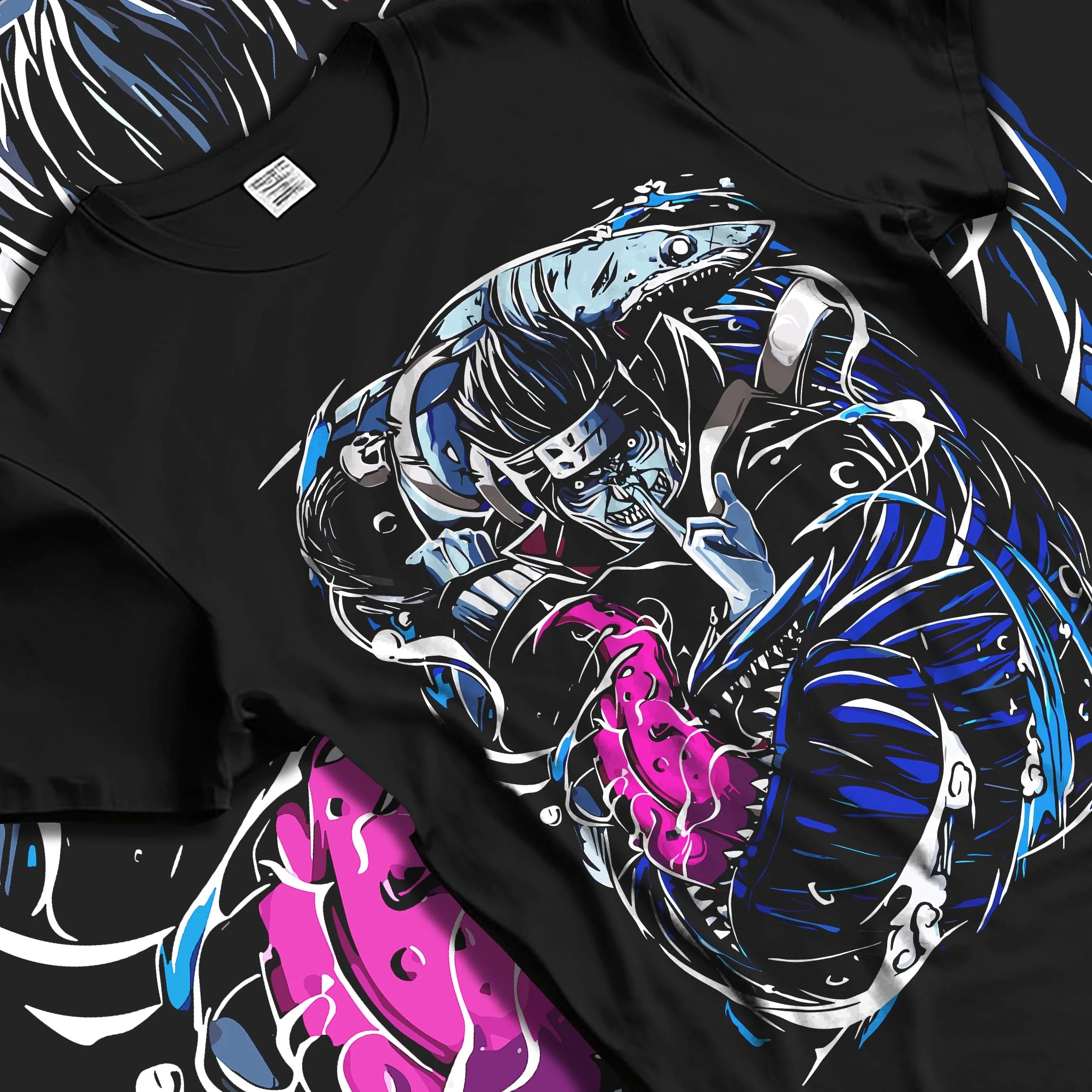 Black T-shirt laid flat with natural folds with Kisame Hoodie Naruto Akatsuki Shark Swordsman graphic premium wear.