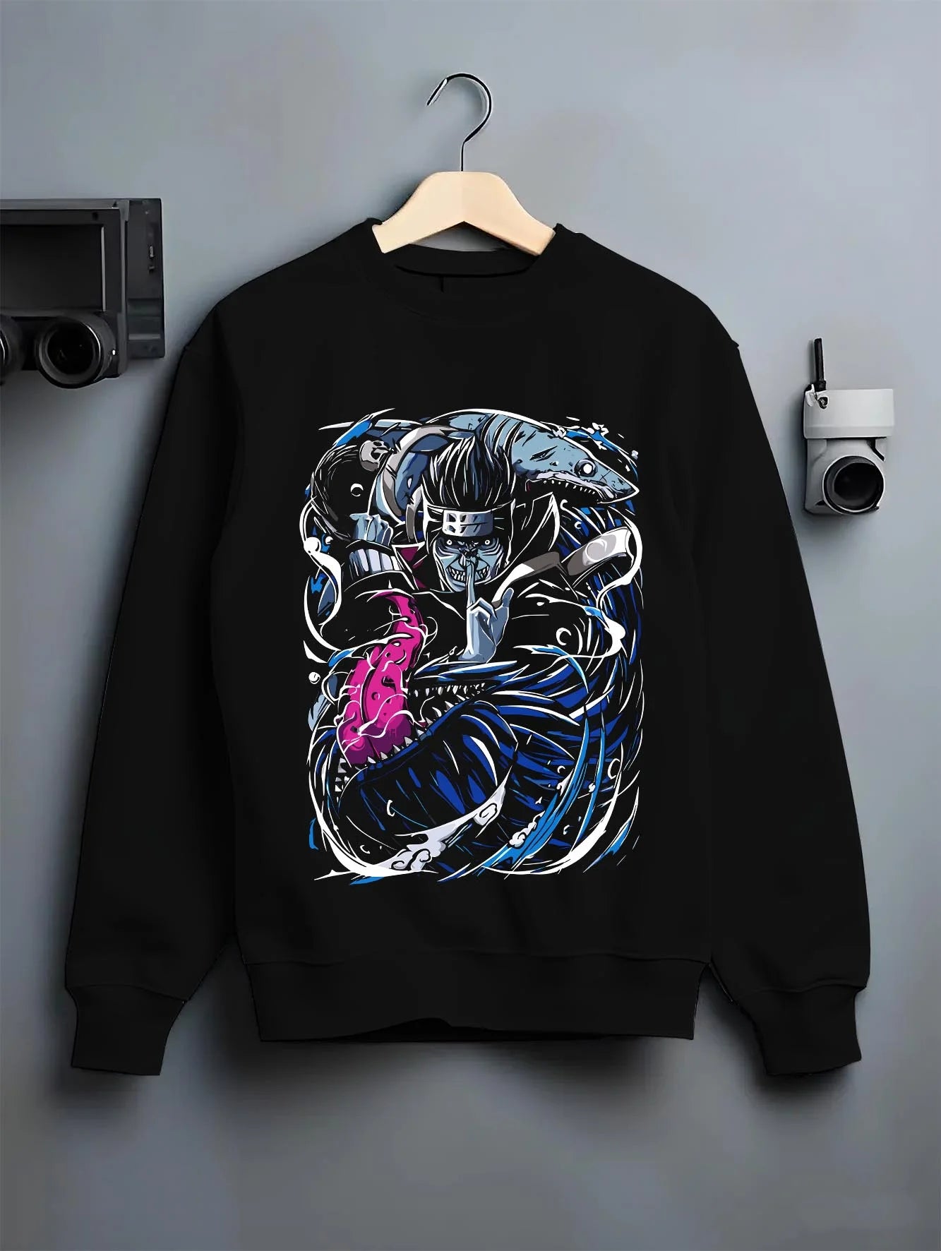 Black crewneck sweatshirt on hanger with Kisame Hoodie Naruto Akatsuki Shark Swordsman graphic bold anime graphic.