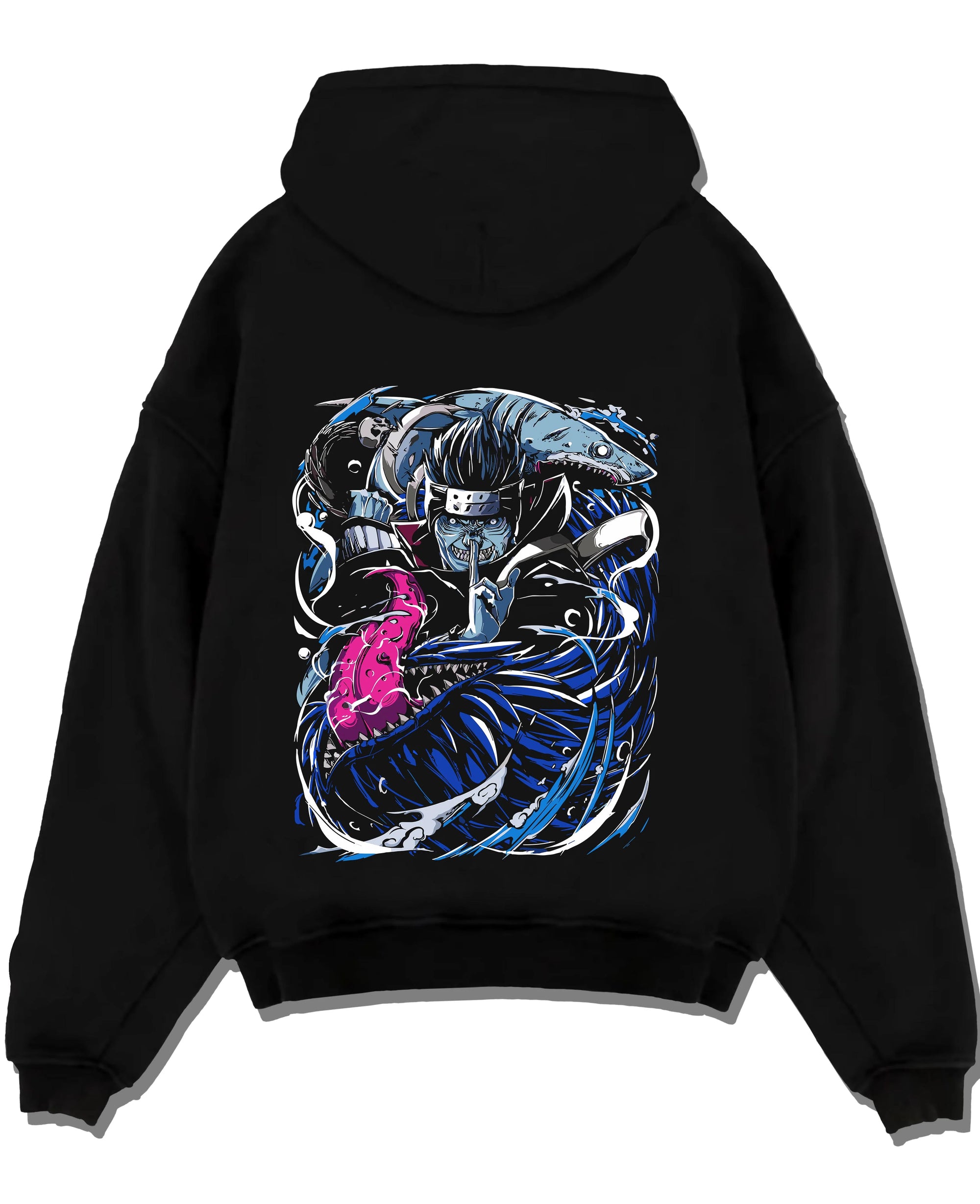 Black pullover hoodie laid flat with Kisame Hoodie Naruto Akatsuki Shark Samehada Blade graphic streetwear graphic.
