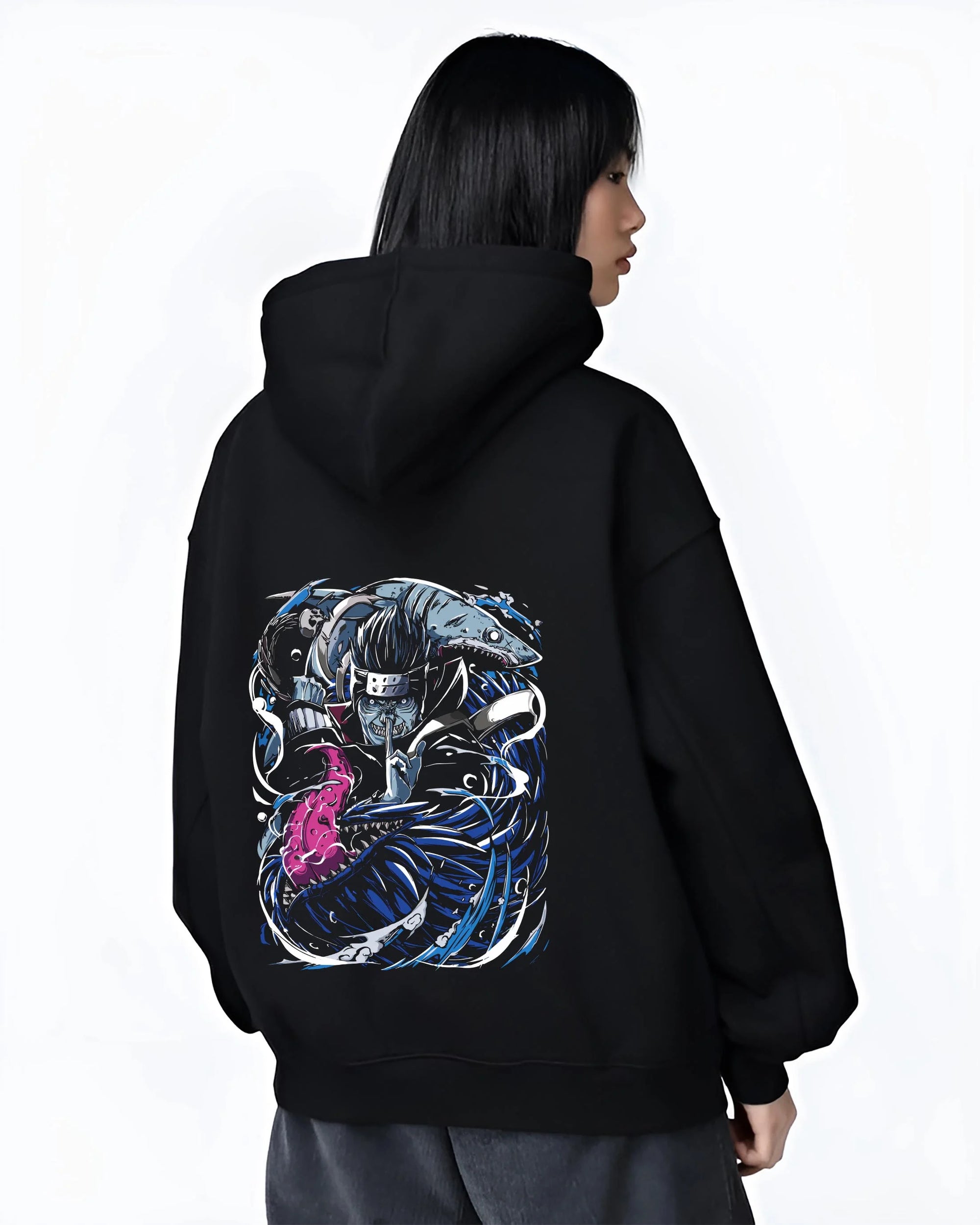 Black hoodie worn by female model, back view with Kisame Hoodie Naruto Akatsuki Shark Samehada Blade graphic Kisame anime design.