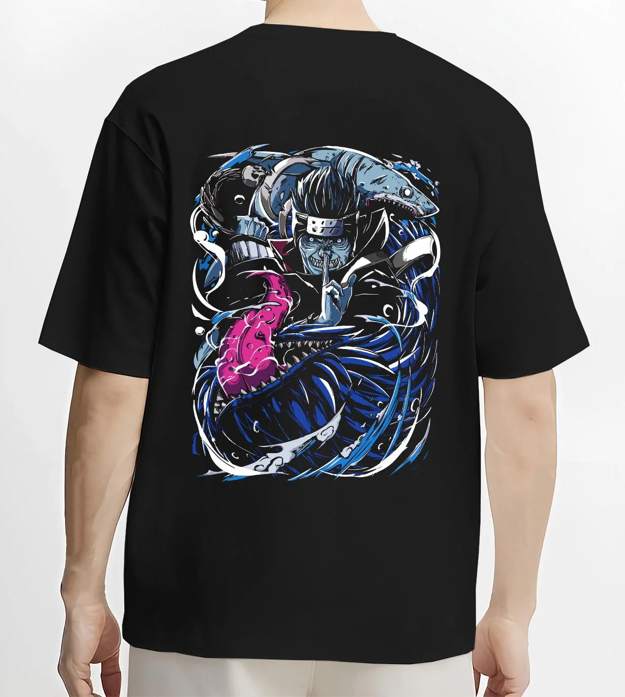 Black T-shirt worn by male model, back view with Kisame Hoodie Naruto Akatsuki Shark Samehada Blade graphic streetwear graphic.