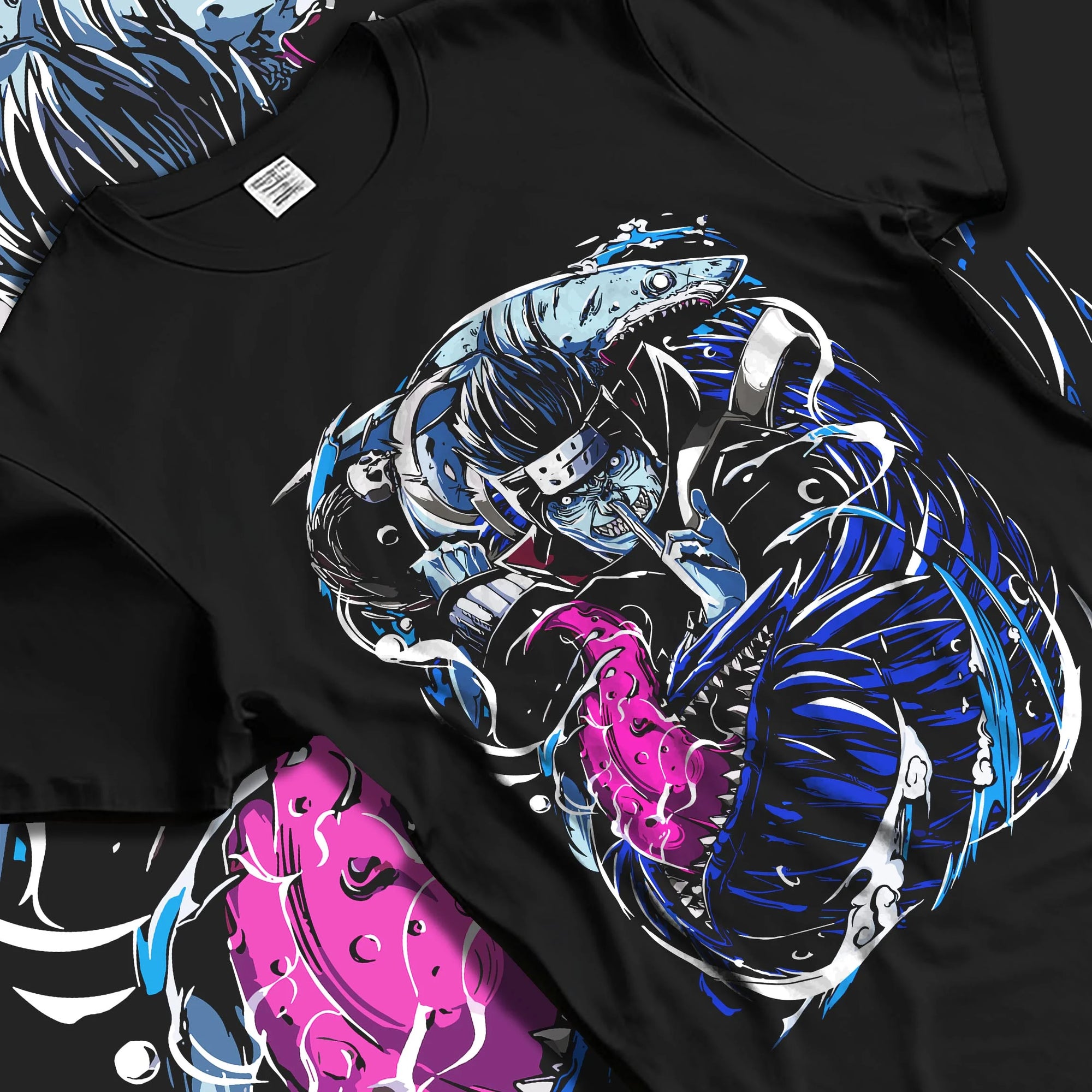 Black T-shirt laid flat with natural folds with Kisame Hoodie Naruto Akatsuki Shark Samehada Blade graphic Kisame anime design.