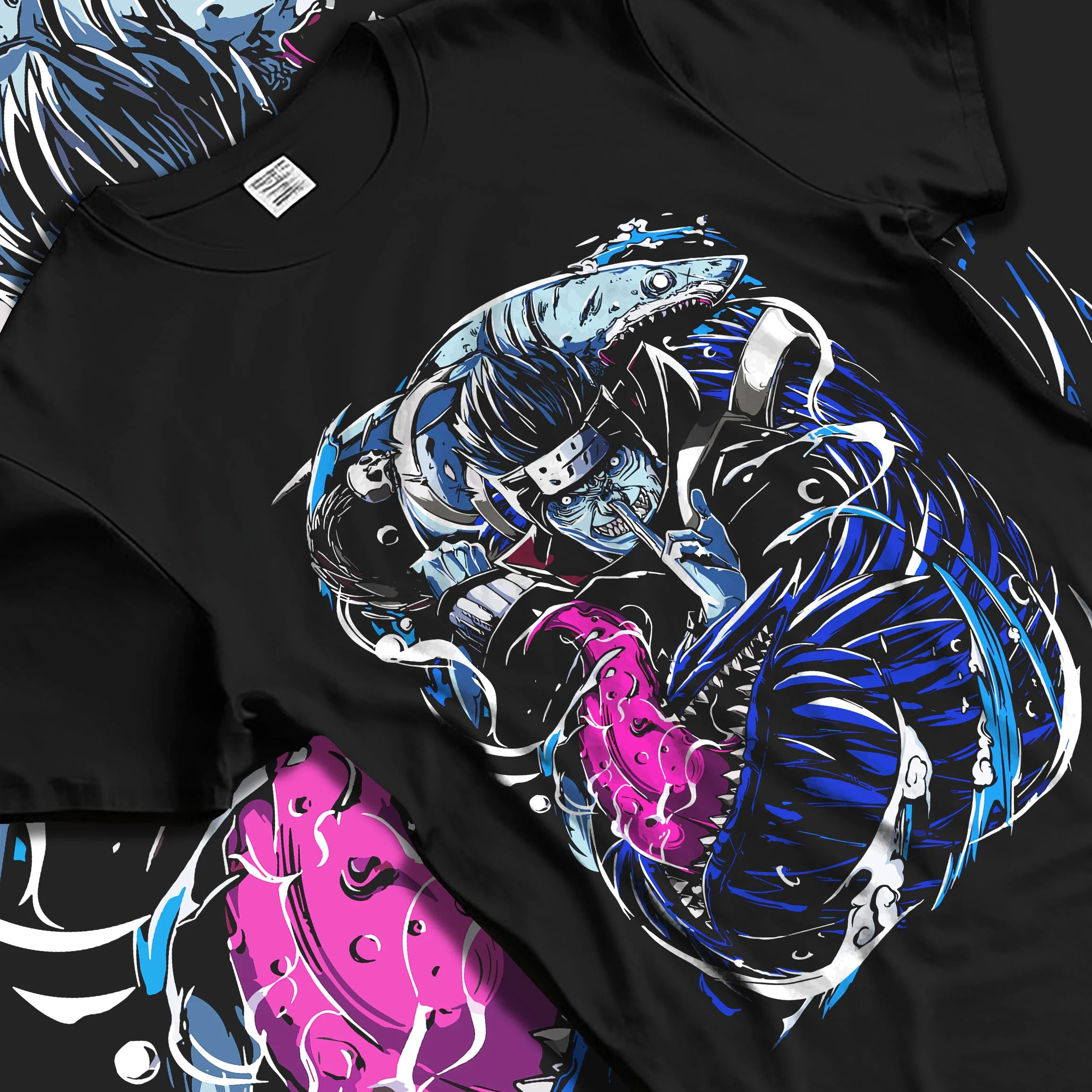 Black T-shirt laid flat with natural folds with Kisame Hoodie Naruto Akatsuki Shark Samehada Blade graphic Kisame anime design.