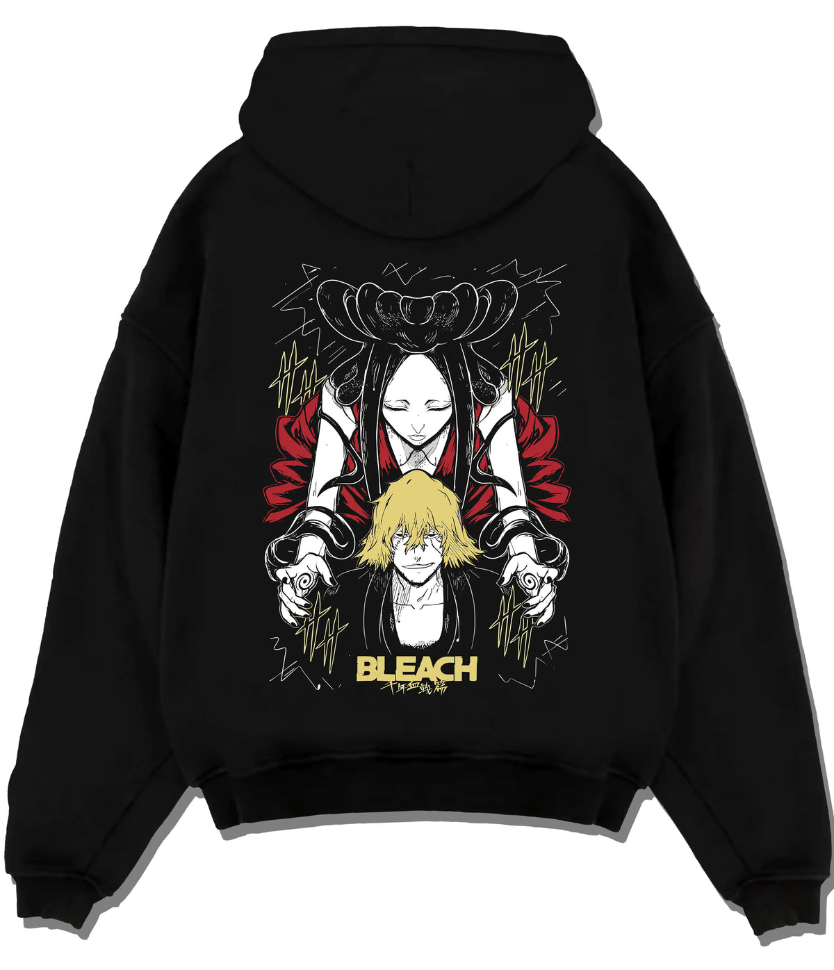 Black hoodie flat back view showing Kisuke Urahara from Bleach: Bankai graphic