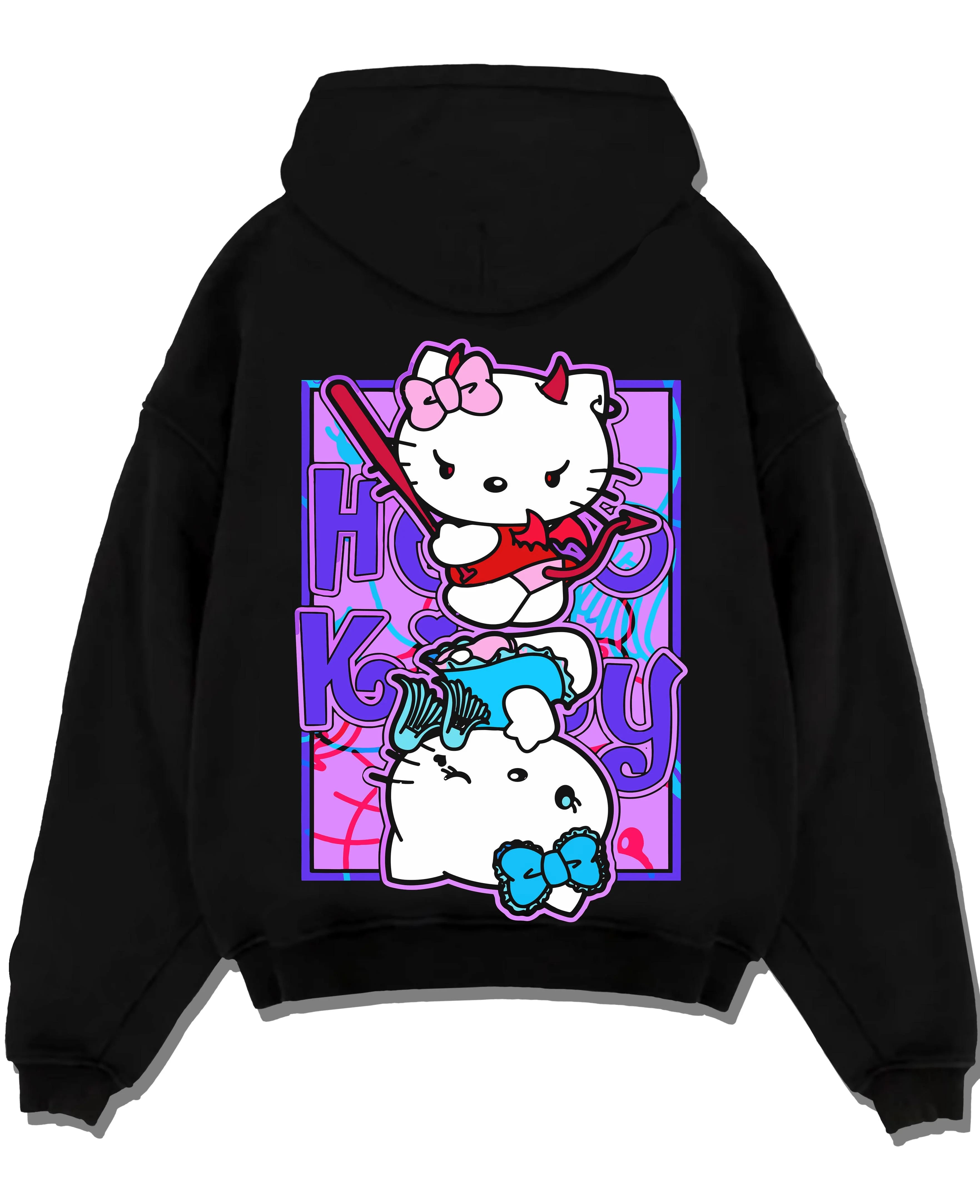 Black pullover hoodie laid flat with Hello Kitty Hoodie Anime Inspired Cute Crossover Purple graphic bold anime graphic.