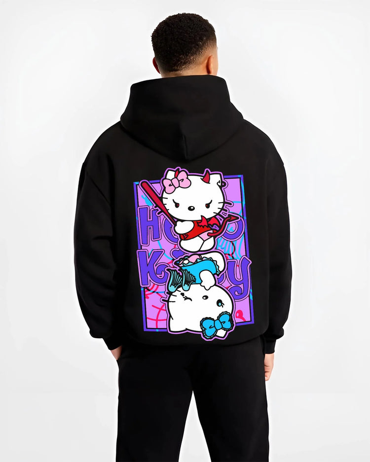 Black hoodie worn by male model, back view with Hello Kitty Hoodie Anime Inspired Cute Crossover Purple graphic bold anime graphic.