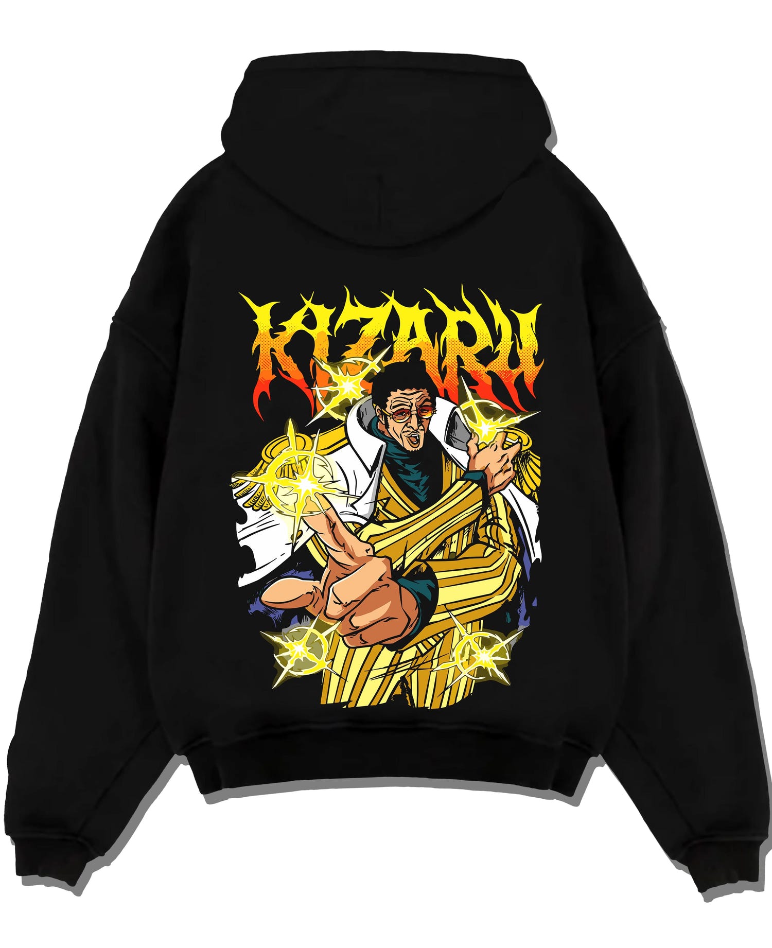 Black pullover hoodie laid flat with Kizaru Hoodie One Piece Admiral Light Speed Borsalino graphic streetwear graphic.