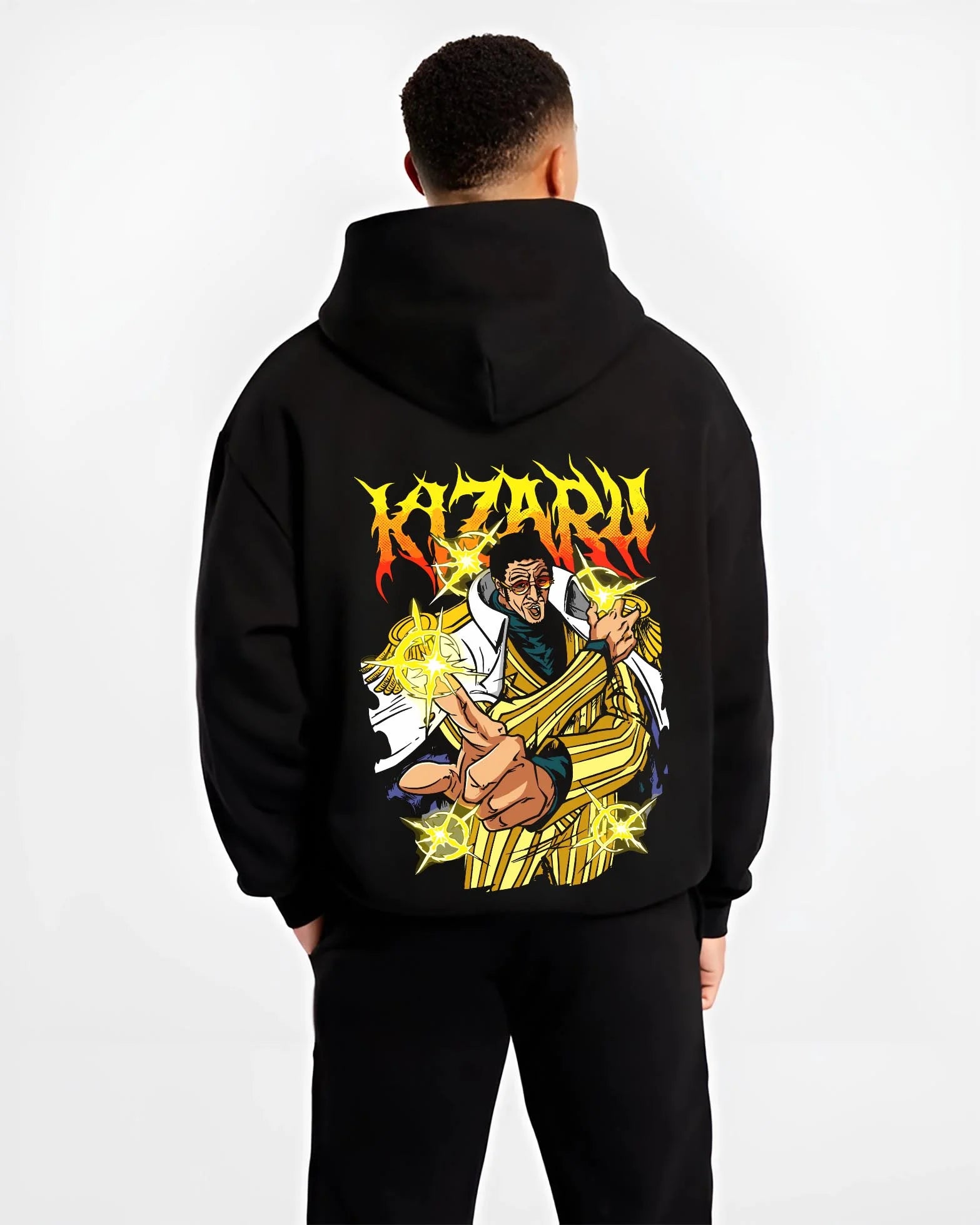 Black hoodie worn by male model, back view with Kizaru Hoodie One Piece Admiral Light Speed Borsalino graphic streetwear graphic.