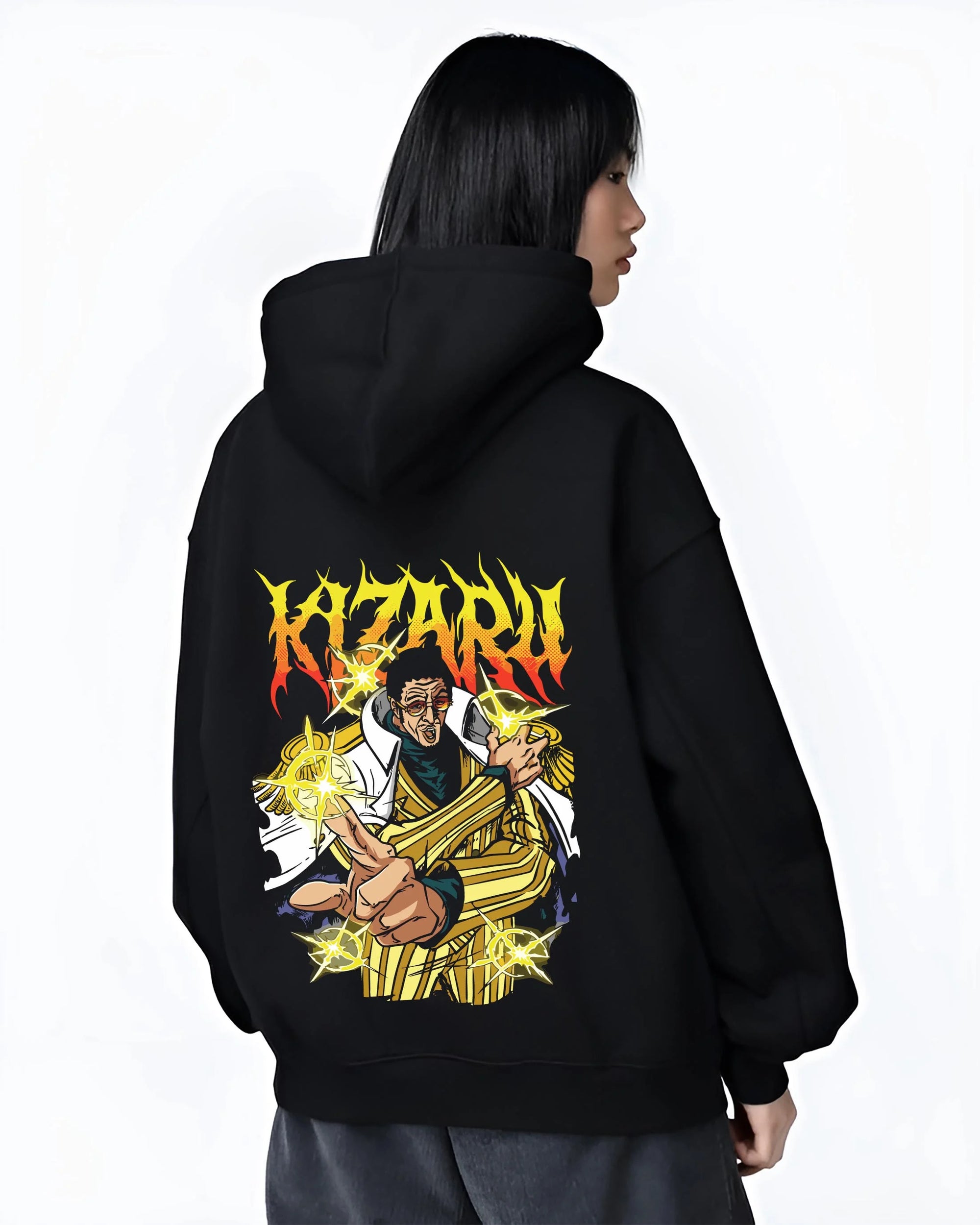 Black hoodie worn by female model, back view with Kizaru Hoodie One Piece Admiral Light Speed Borsalino graphic bold anime graphic.