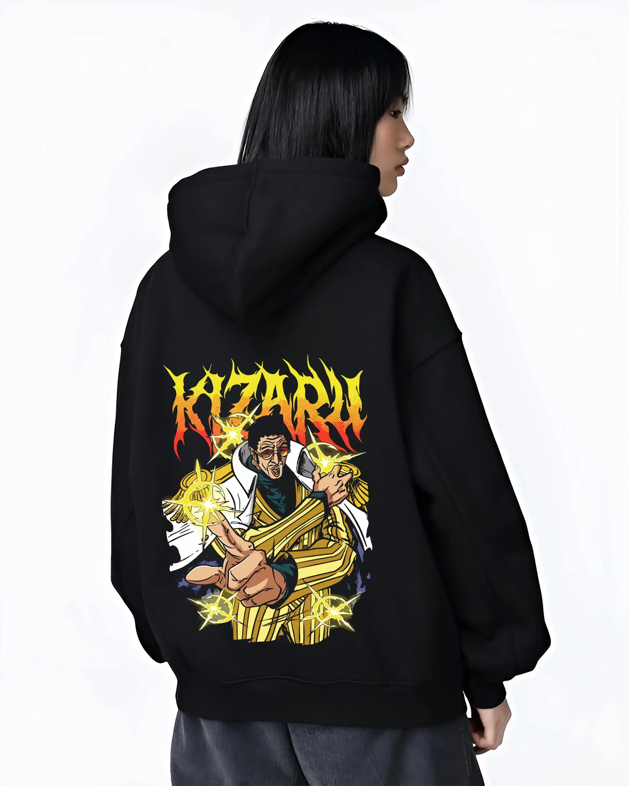 Black hoodie worn by female model, back view with Kizaru Hoodie One Piece Admiral Light Speed Borsalino graphic bold anime graphic.