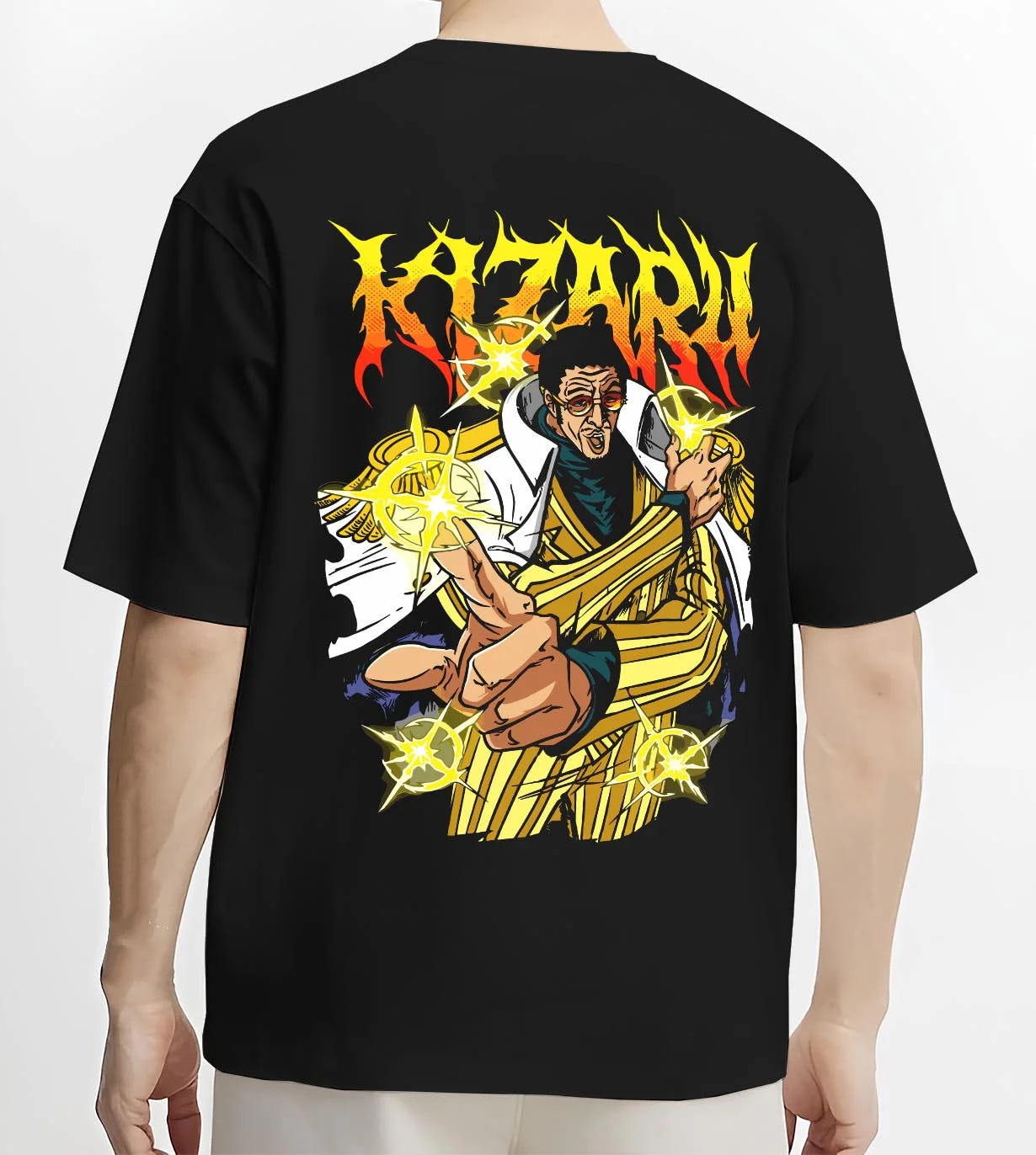 Black T-shirt worn by male model, back view with Kizaru Hoodie One Piece Admiral Light Speed Borsalino graphic bold anime graphic.
