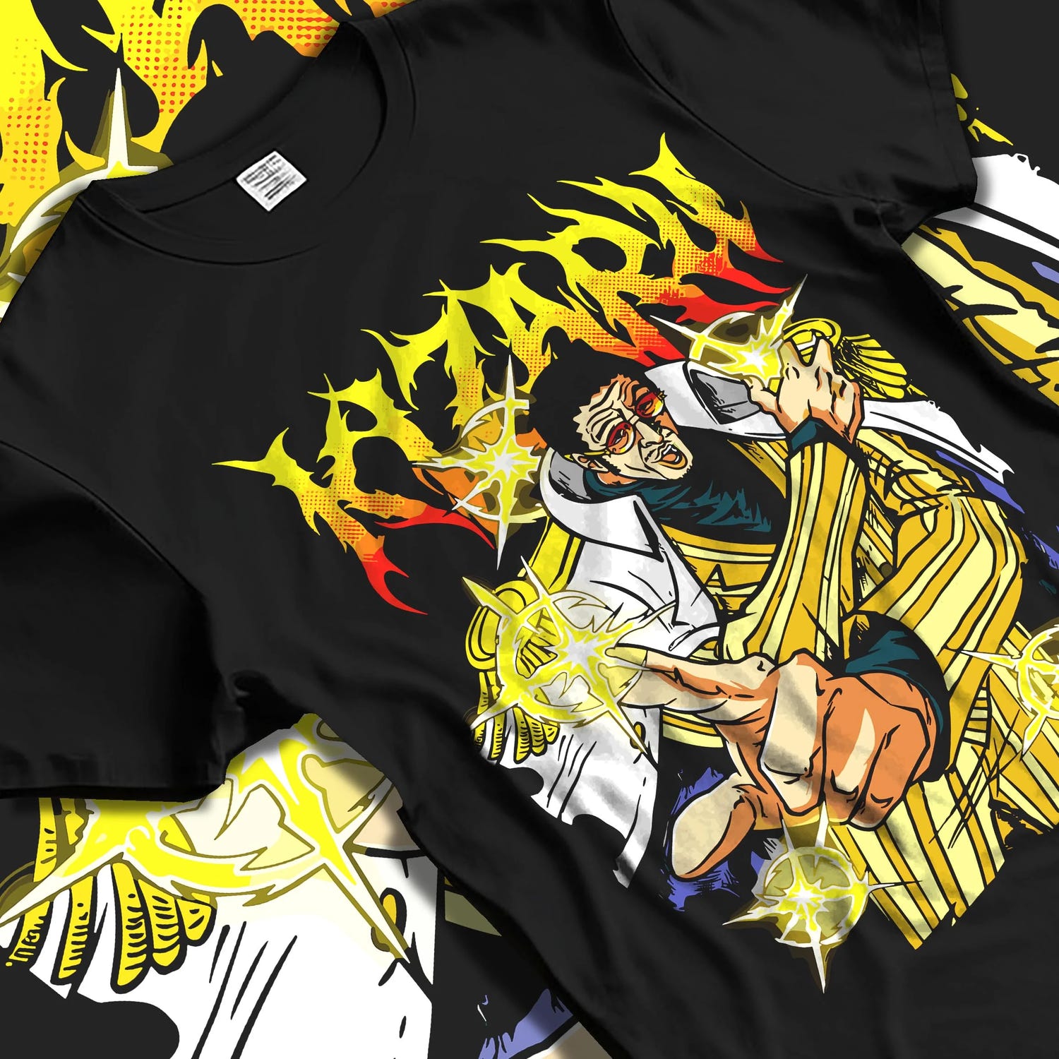 Black T-shirt laid flat with natural folds with Kizaru Hoodie One Piece Admiral Light Speed Borsalino graphic bold anime graphic.